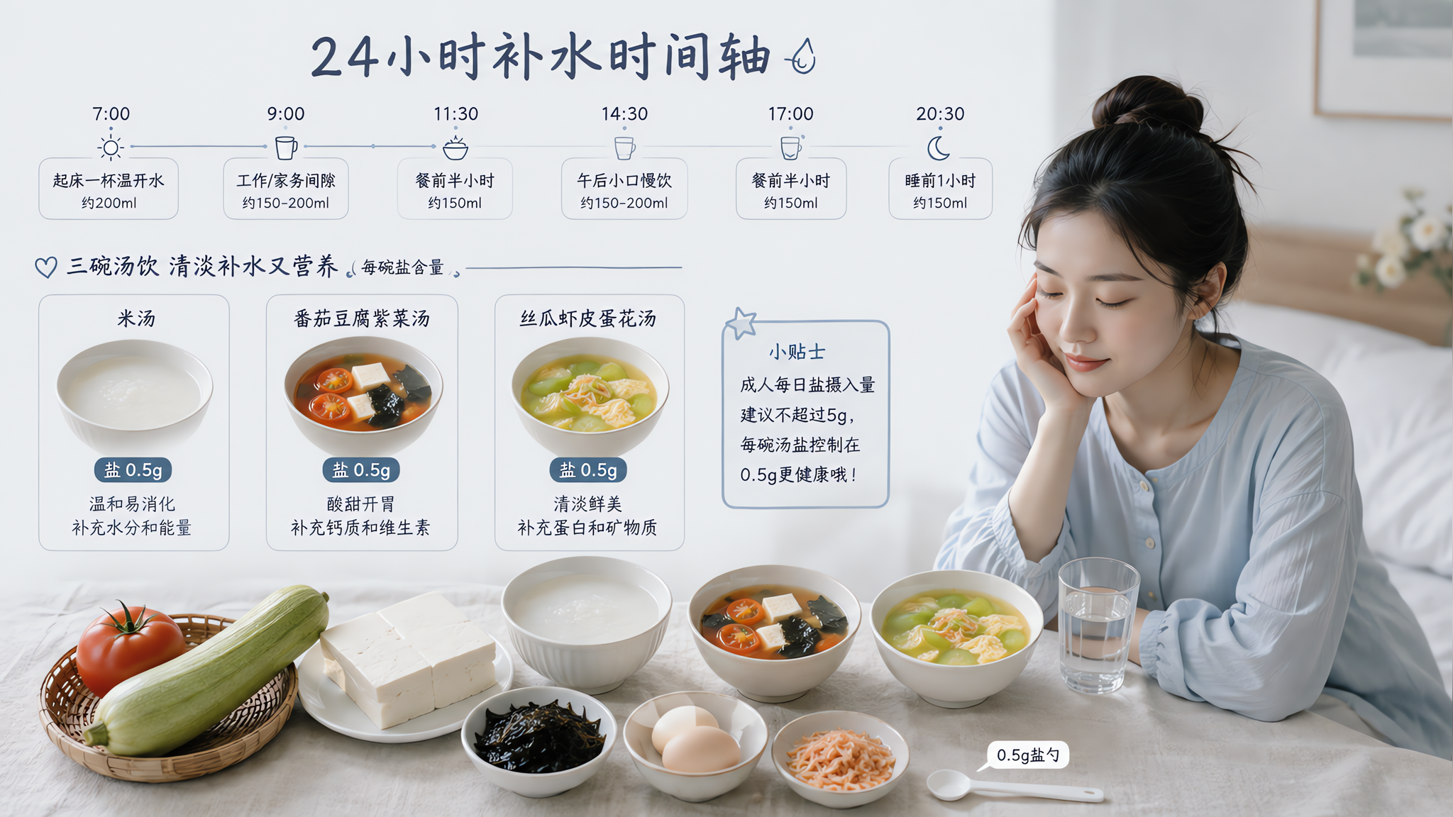 清爽日系冷调风格的生活方式摄影与信息卡结合画面,中国年轻妈妈坐在卧室床边或餐桌旁休息,旁边有透明玻璃