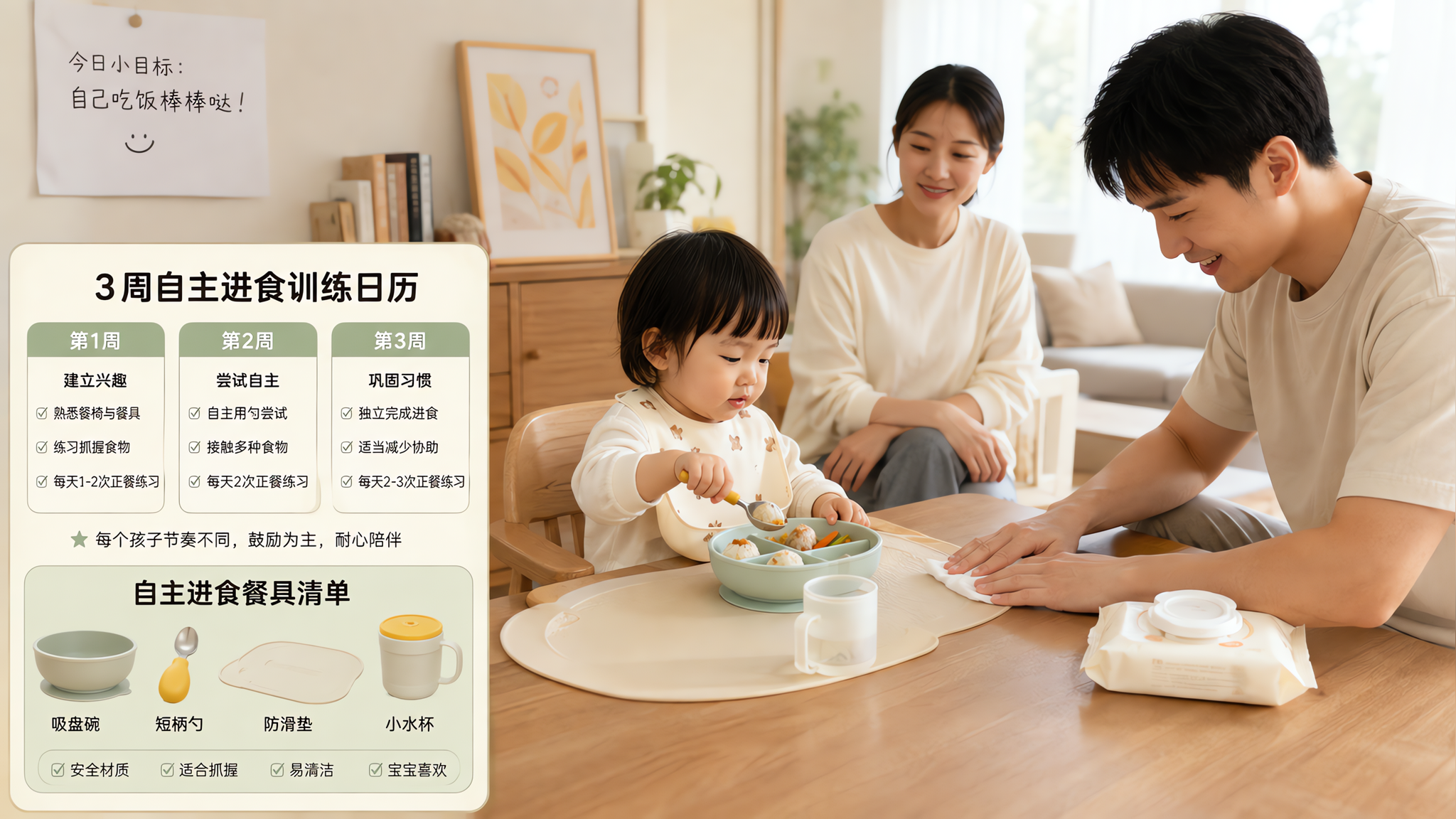 中国年轻家庭的餐桌场景,一位中国幼儿(1-3岁)坐在儿童餐椅上自主用短柄勺进食,餐桌上有吸盘碗、防滑