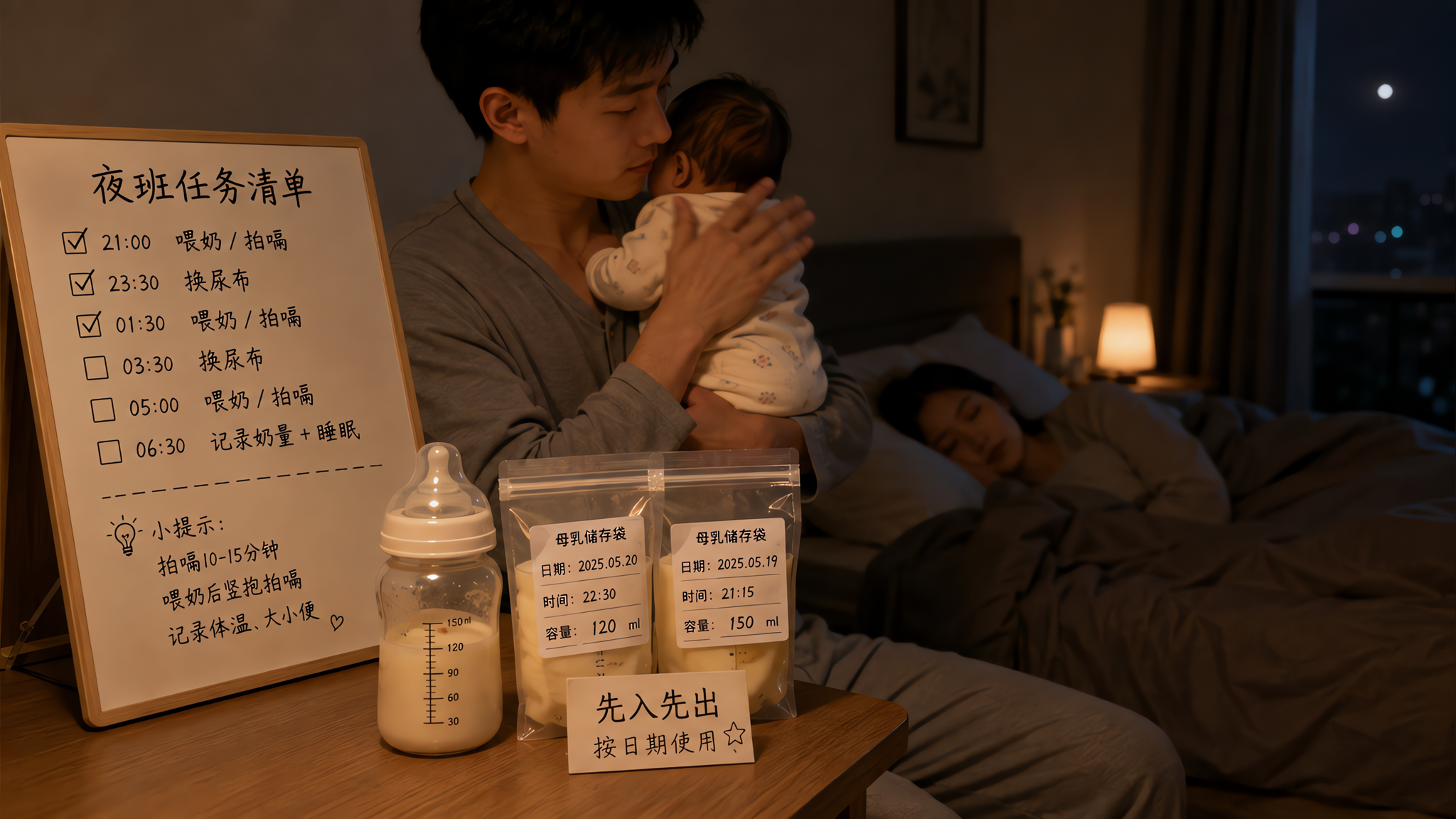 中国年轻父母在夜间卧室场景中协作照顾新生儿，画面主体为床边小桌上的“夜班任务清单”与奶瓶/储奶袋标签