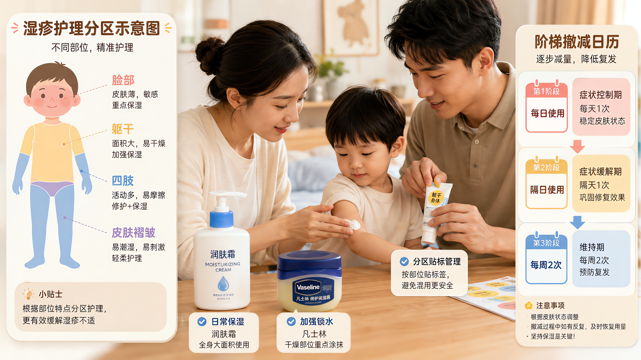 中国年轻父母在家中为中国儿童做湿疹护理示意,画面为科普信息图风格与生活场景结合:左侧为简洁的人体分区