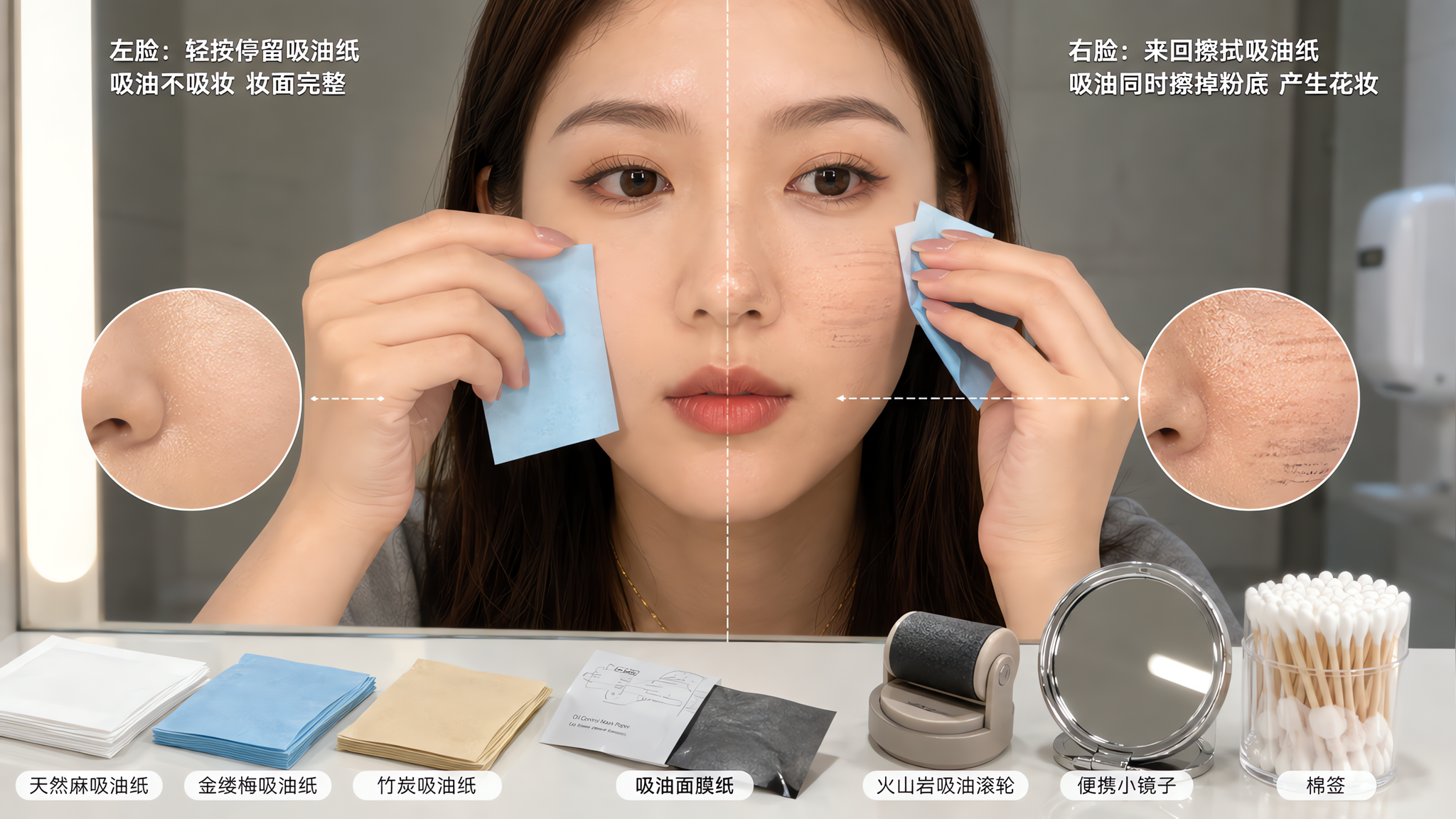 中国年轻女性在公司洗手间镜子前进行补妆对比测试,画面为半脸测试:左脸用吸油纸轻按停留揭起,右脸用吸油