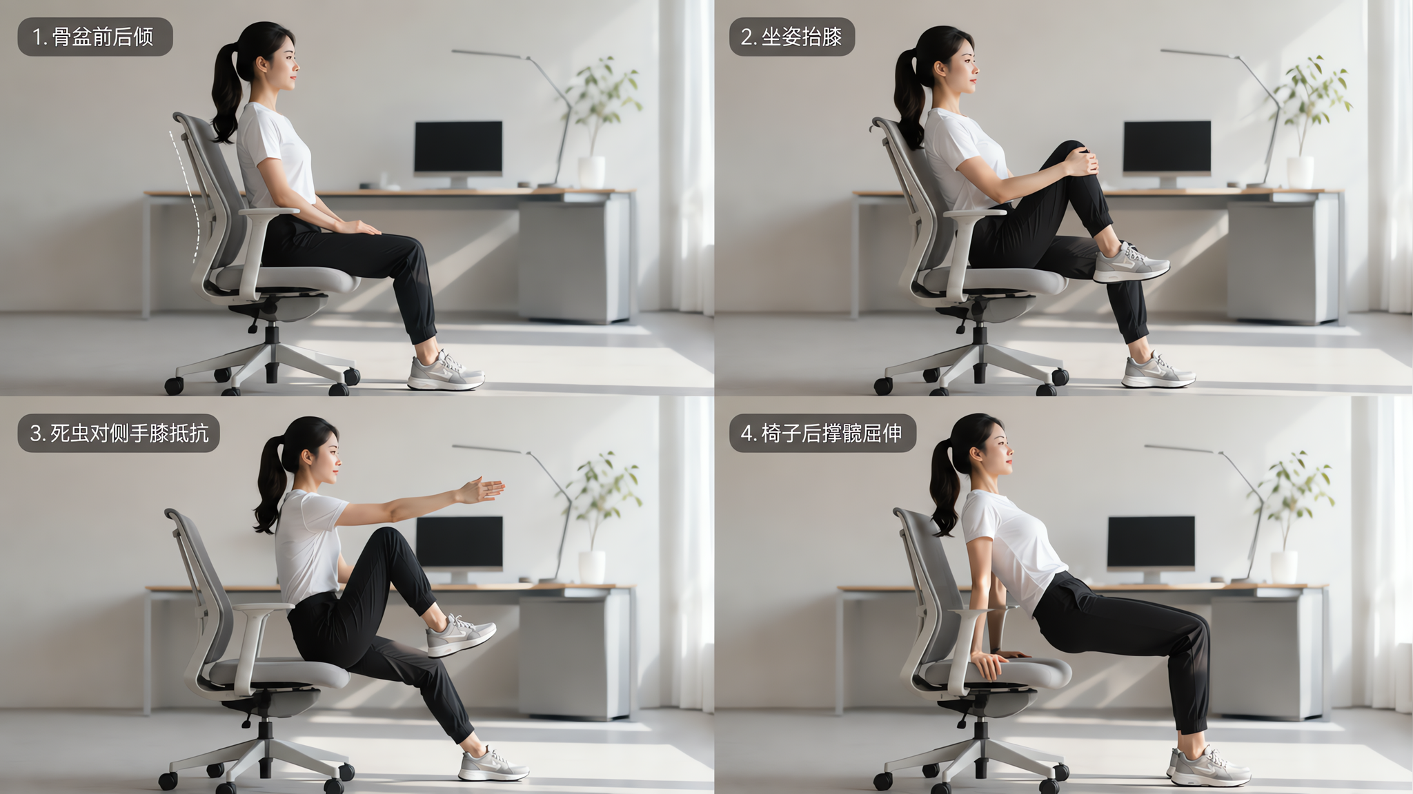极简现代办公环境,中国年轻上班族女性,穿着简洁的通勤运动混搭(素色T恤+黑色长裤),在办公椅上进行核