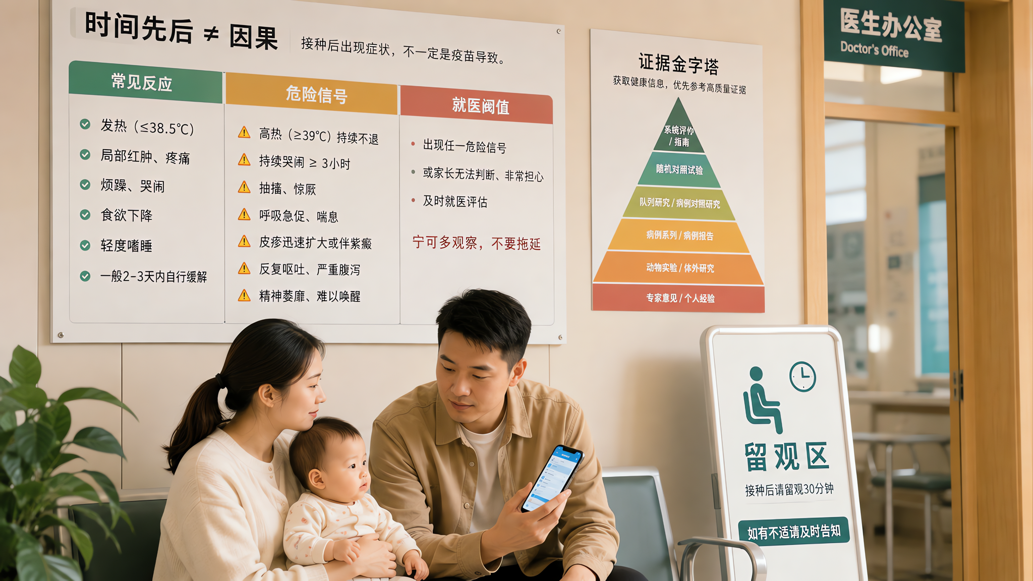 中国年轻父母在社区卫生服务中心的明亮候诊区,妈妈抱着中国婴幼儿,爸爸手持手机记录体温和观察清单,墙面
