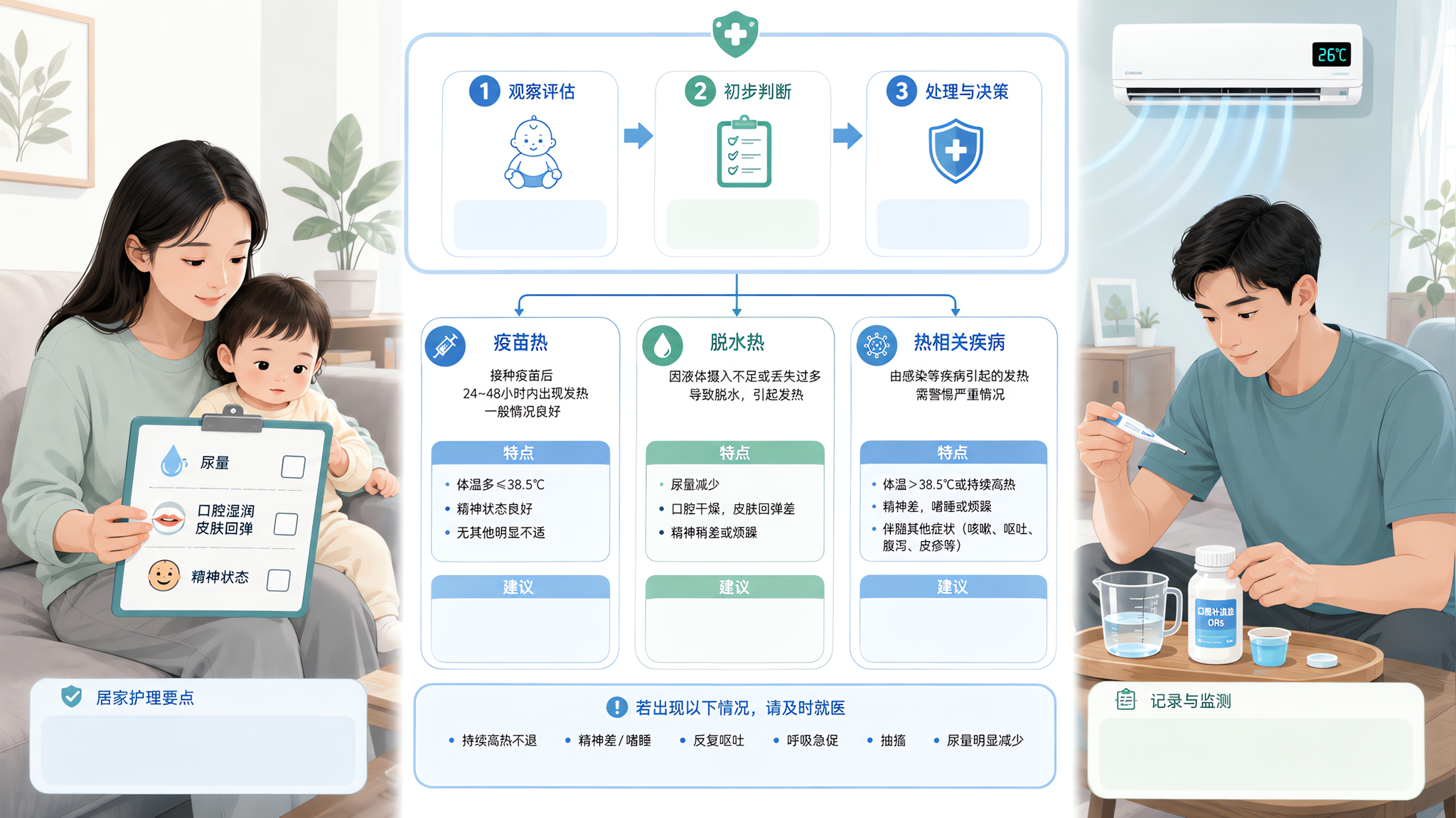 医学信息图风格的家庭场景插画，中国年轻父母在家中客厅给中国婴幼儿做体征观察与记录，妈妈拿着记录板查看