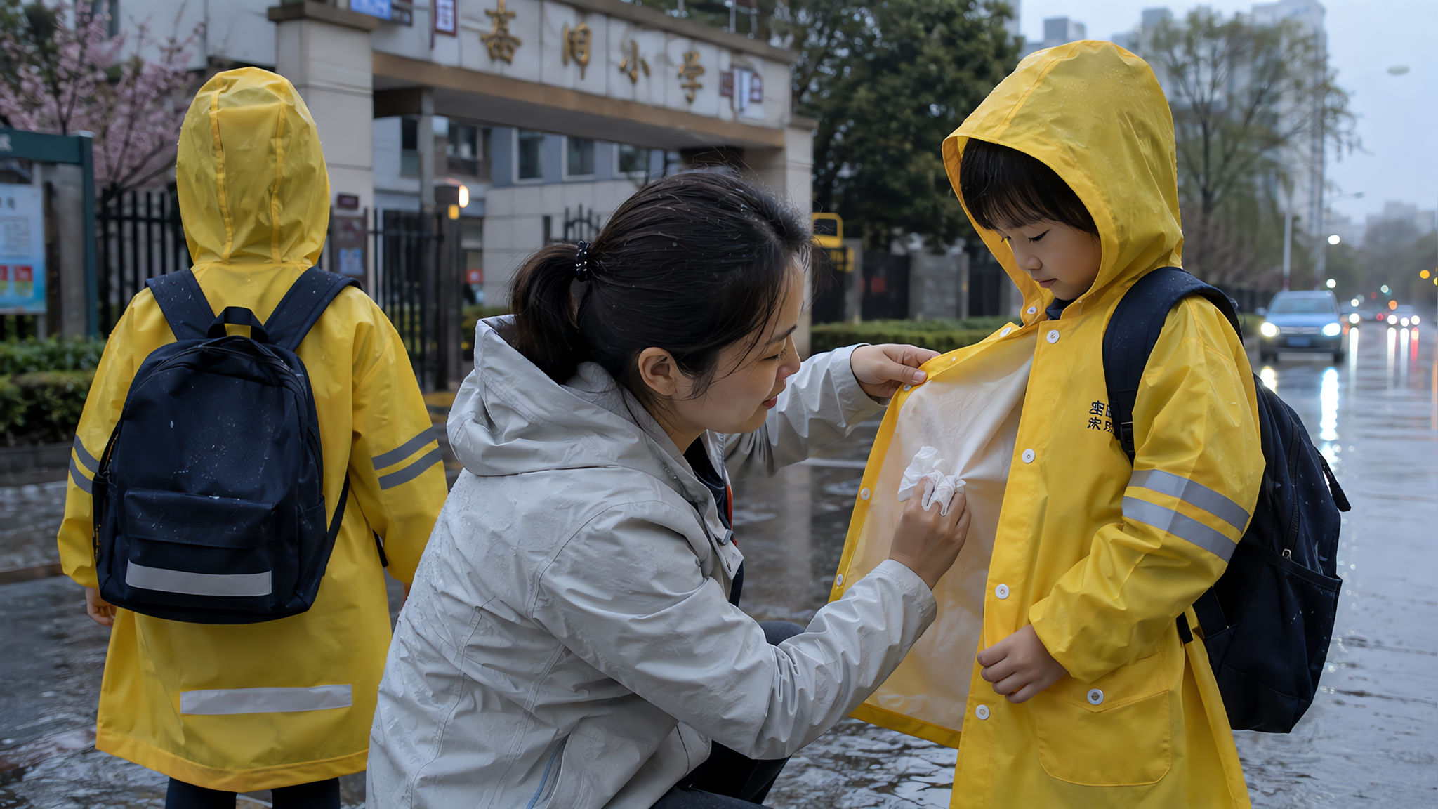 雨天城市人行道靠近小学门口的纪实场景,中国年轻妈妈牵着一名中国小学生,孩子穿着黄色儿童雨衣,妈妈蹲下