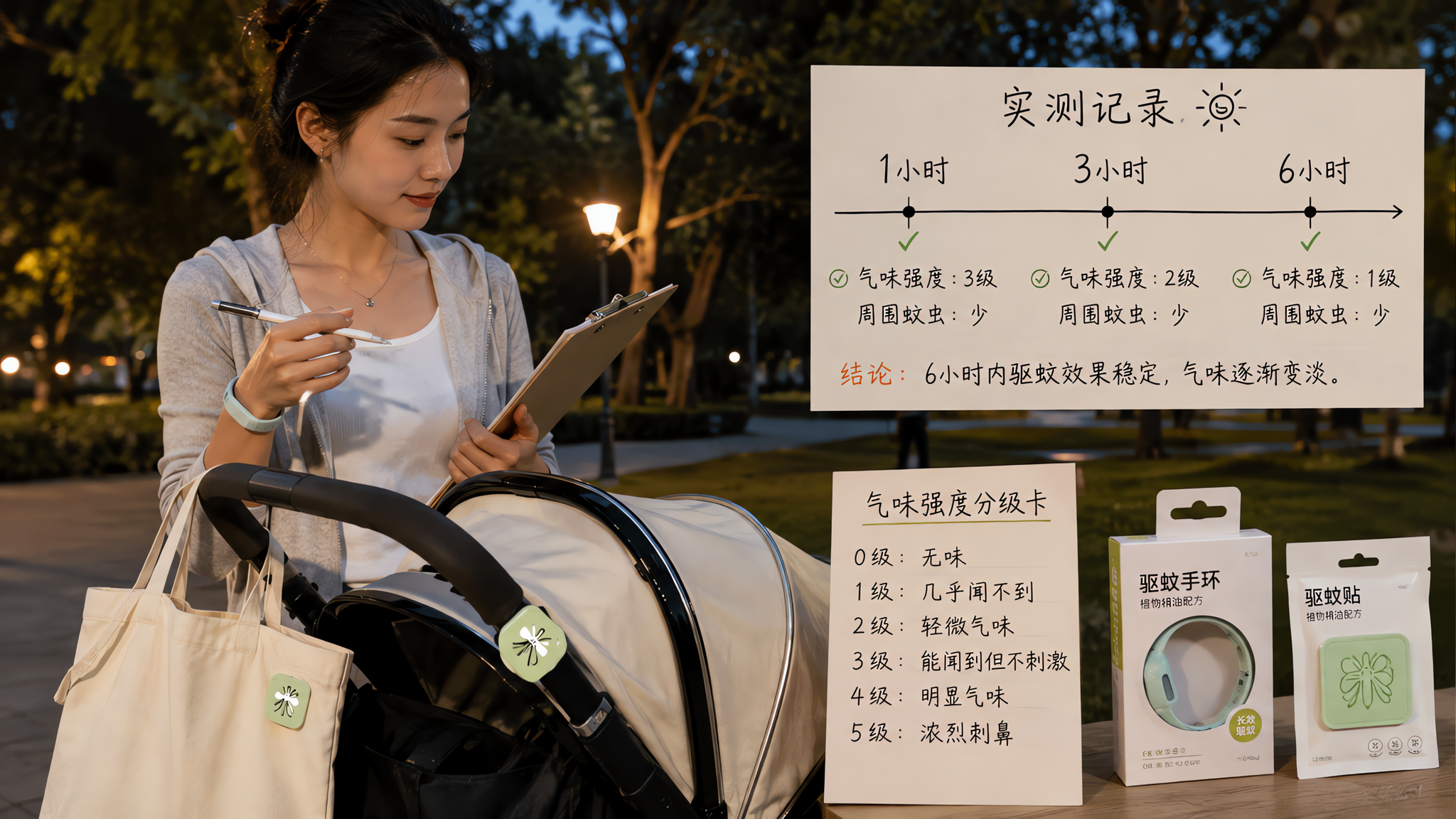 夏季傍晚的公园步道场景,中国年轻妈妈推着婴儿车,另一只手拿着记录板做实测记录,画面中展示驱蚊手环与驱