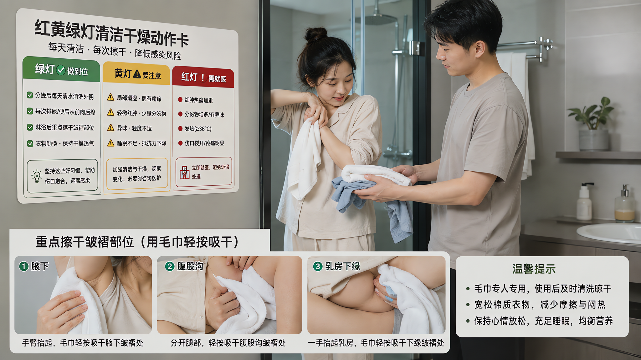 冷调干净浴室场景,中国年轻产后妈妈穿着宽松居家服,站在淋浴间外准备快速淋浴,旁边中国年轻爸爸在递干净