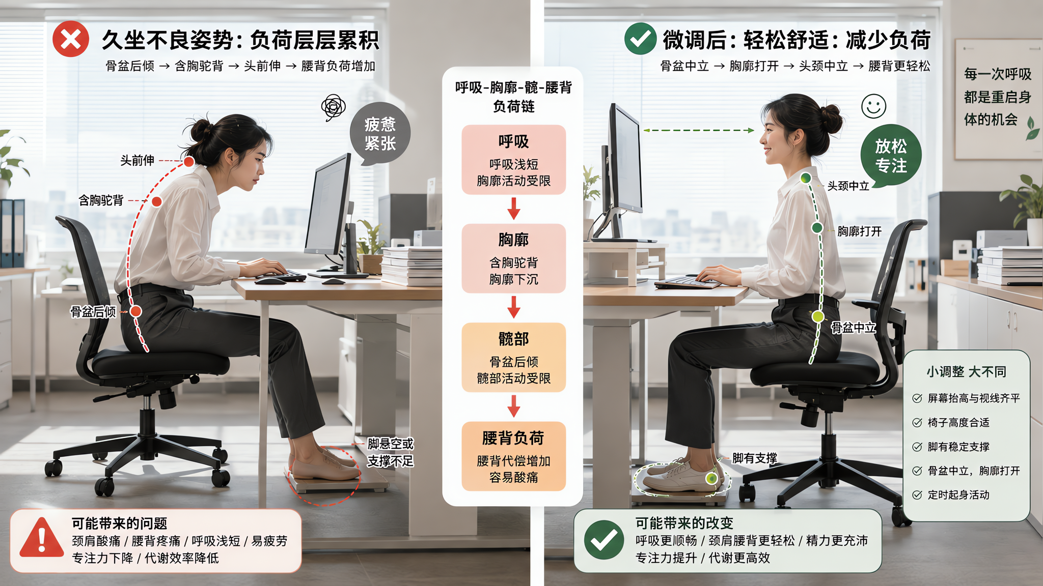 中国办公室场景，画面左右对比构图：左侧为久坐不良姿势（中国年轻白领坐在工位前，骨盆后倾、含胸、头前伸