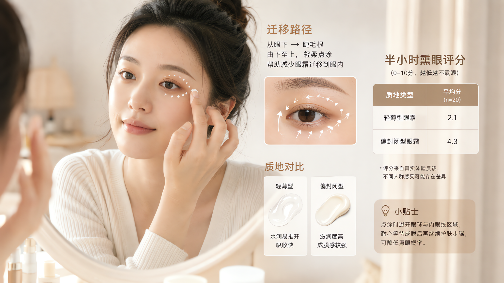 在温柔治愈的居家卧室梳妆台场景中,一位中国年轻女性坐在镜前,用无名指轻点眼霜于眼眶骨周围,画面叠加简