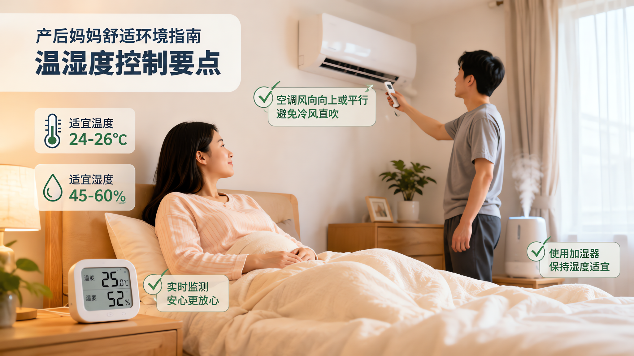 中国年轻产后妈妈在卧室休息,旁边中国年轻爸爸正在调节空调与加湿器,床头柜放有温湿度计显示24-26°