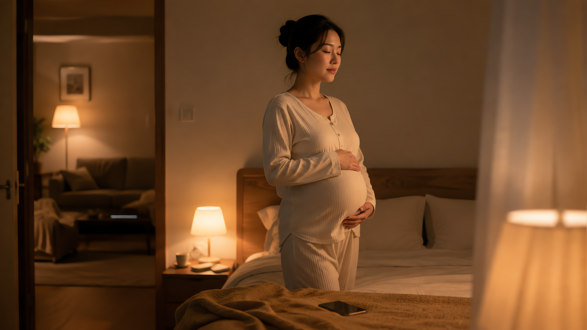中国年轻孕妈妈，夜晚居家场景，从客厅沙发起身走向卧室的自然转场感，妈妈一手拿手机已放下，另一手轻放腹