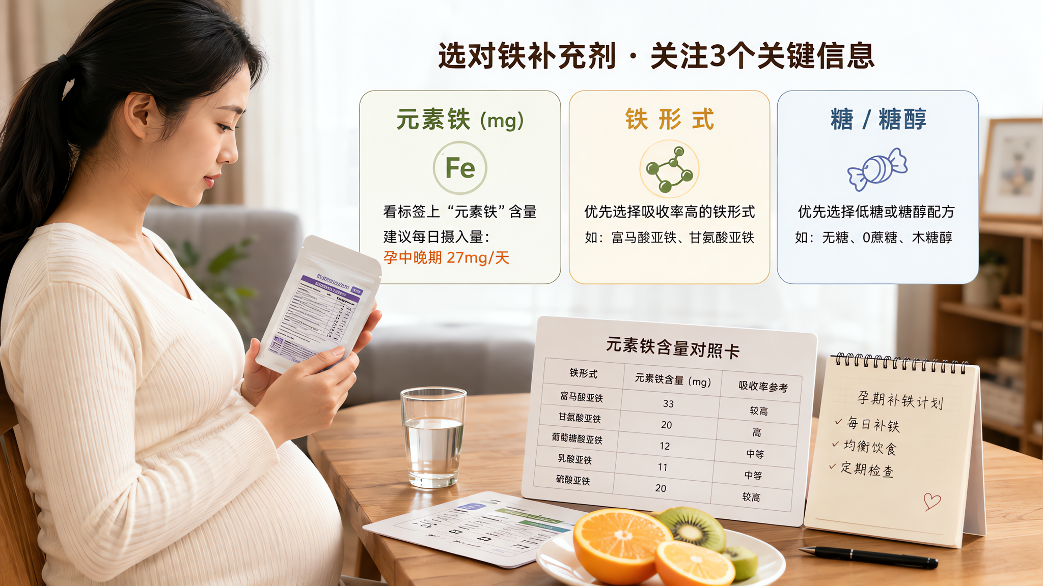 中国孕妇在家中餐桌旁,手拿补铁软糖/咀嚼片产品包装认真阅读营养成分表,桌面摆放一张“元素铁含量对照卡