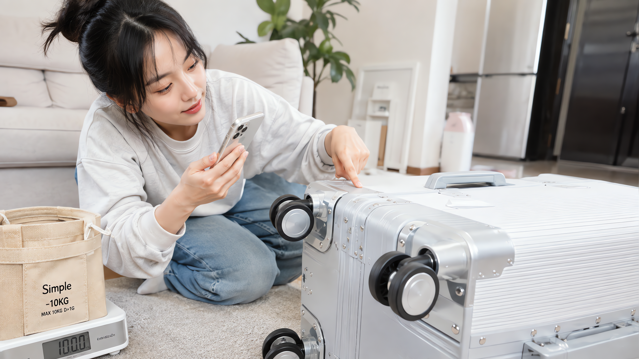 中国年轻女性在家中玄关或客厅地面,正蹲下检查新买的行李箱轮组与拉杆结构,手持手机录制开箱验货视频,行