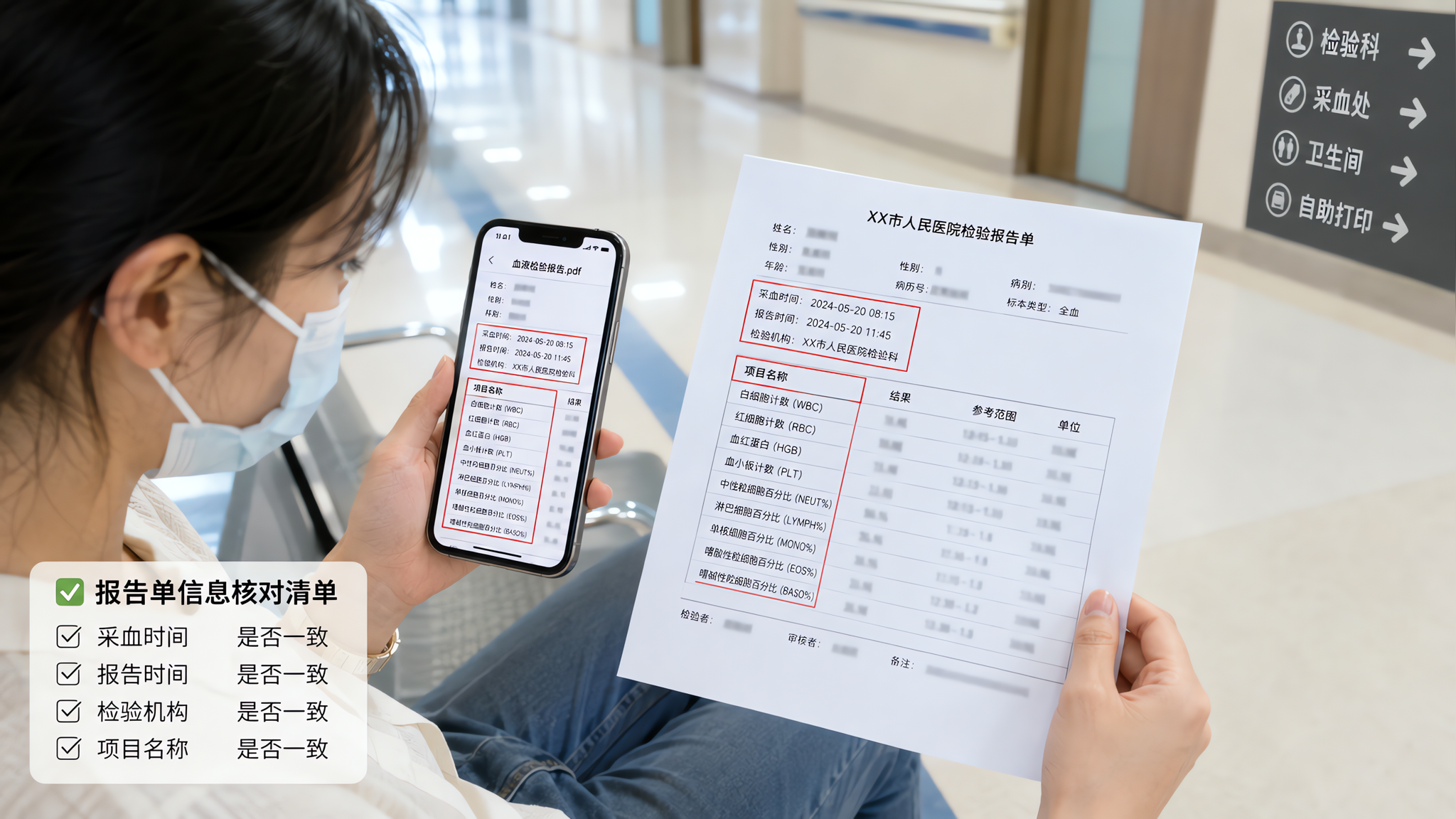 中国年轻女性在医院走廊的候诊区，坐在长椅上，手里拿着手机查看血检报告PDF，另一只手拿着纸质化验单（