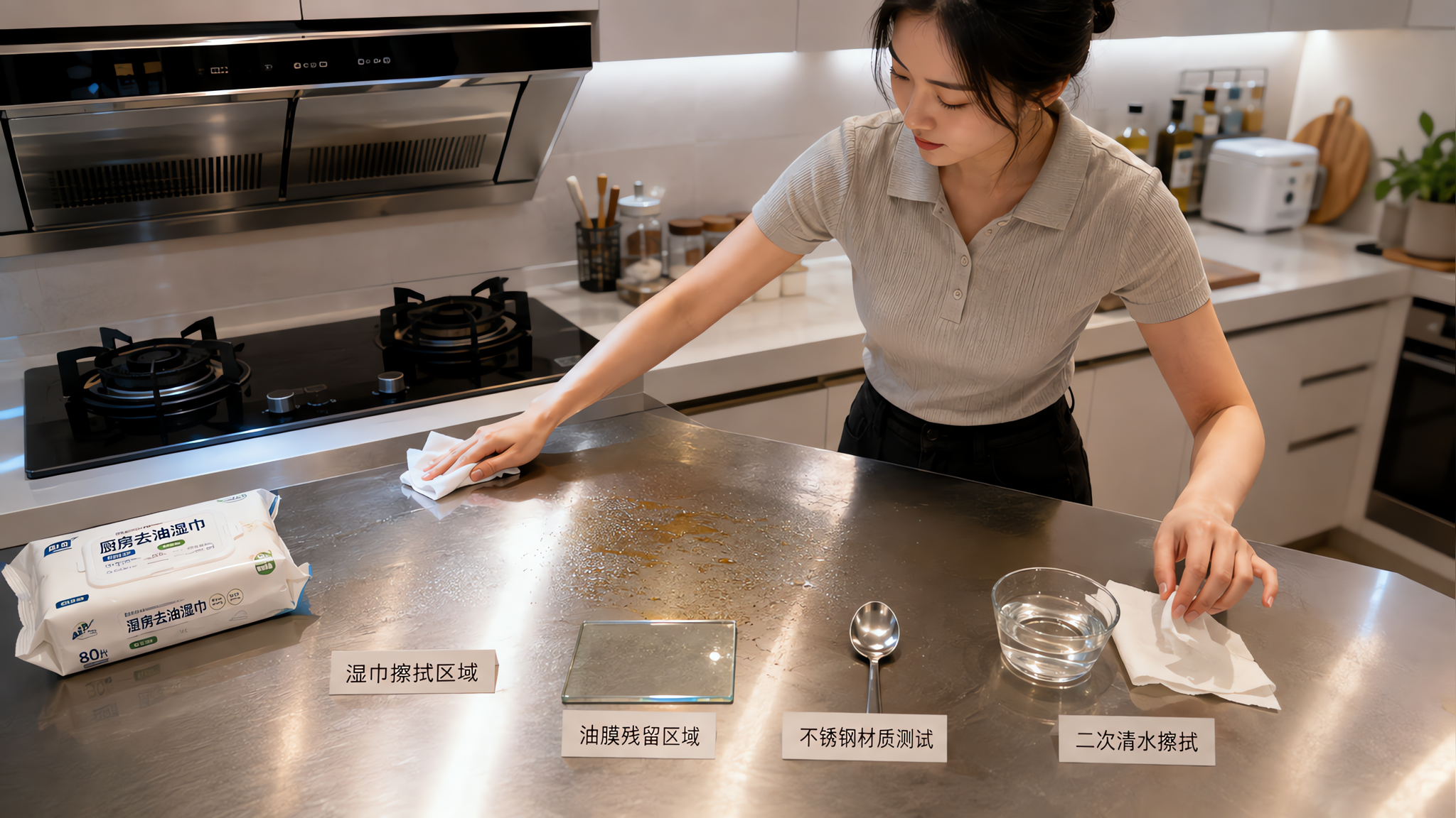 中国年轻女性在家庭厨房台面前做对比实验,左手拿厨房去油湿巾擦拭不锈钢灶台边缘,右侧放着一张白色纸巾蘸