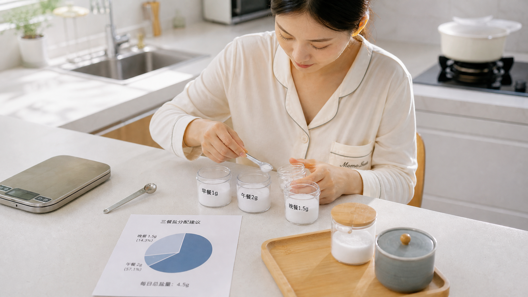 中国年轻妈妈在夏季明亮整洁的厨房台面前,穿着居家月子服,正在把食盐用小玻璃罐分装并用小标签标注“早餐