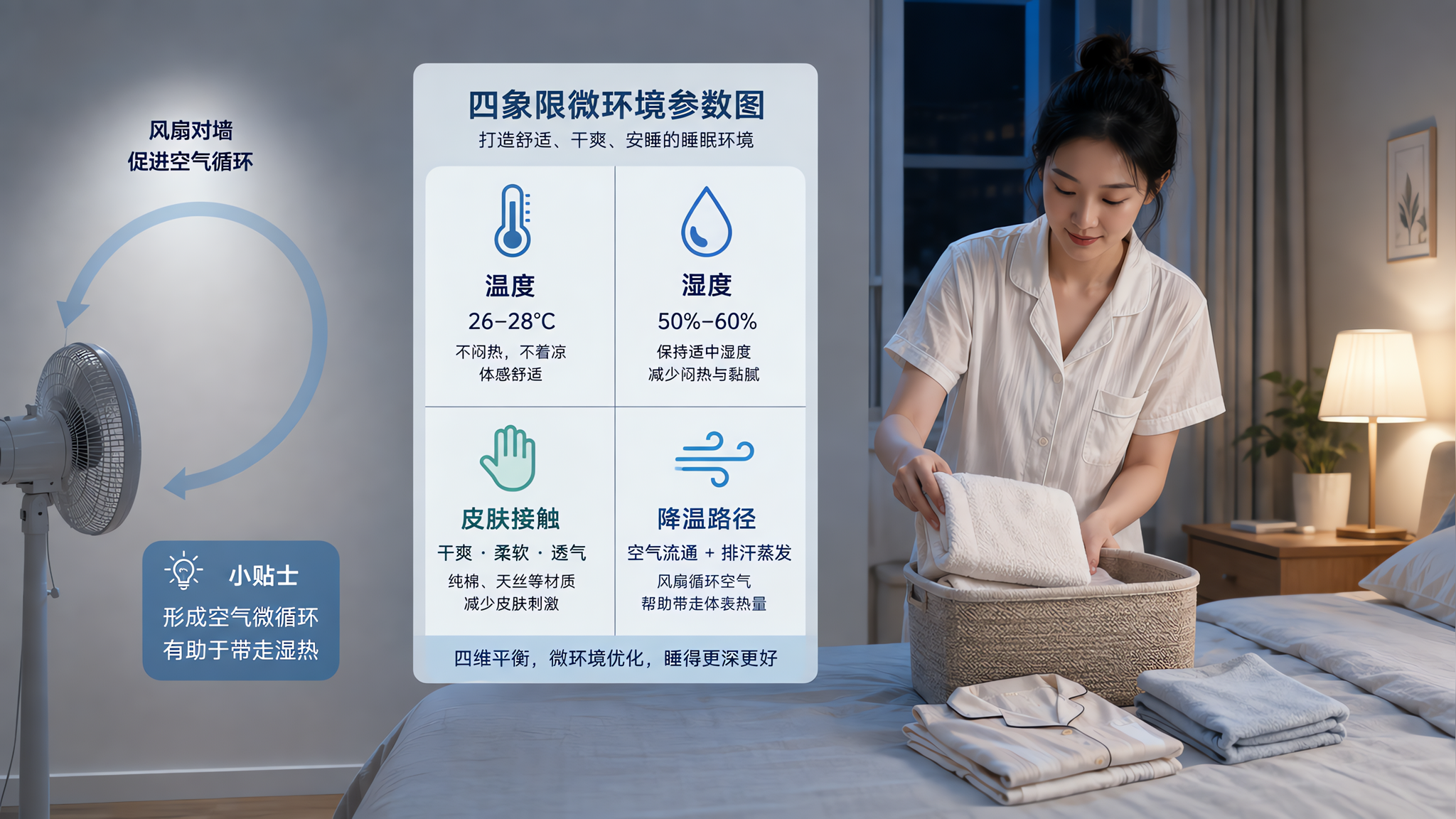 中国年轻妈妈在夏季夜晚的卧室里,穿宽松浅色棉质睡衣,正在把干毛巾、干枕巾和干睡衣整齐放在床边收纳篮中