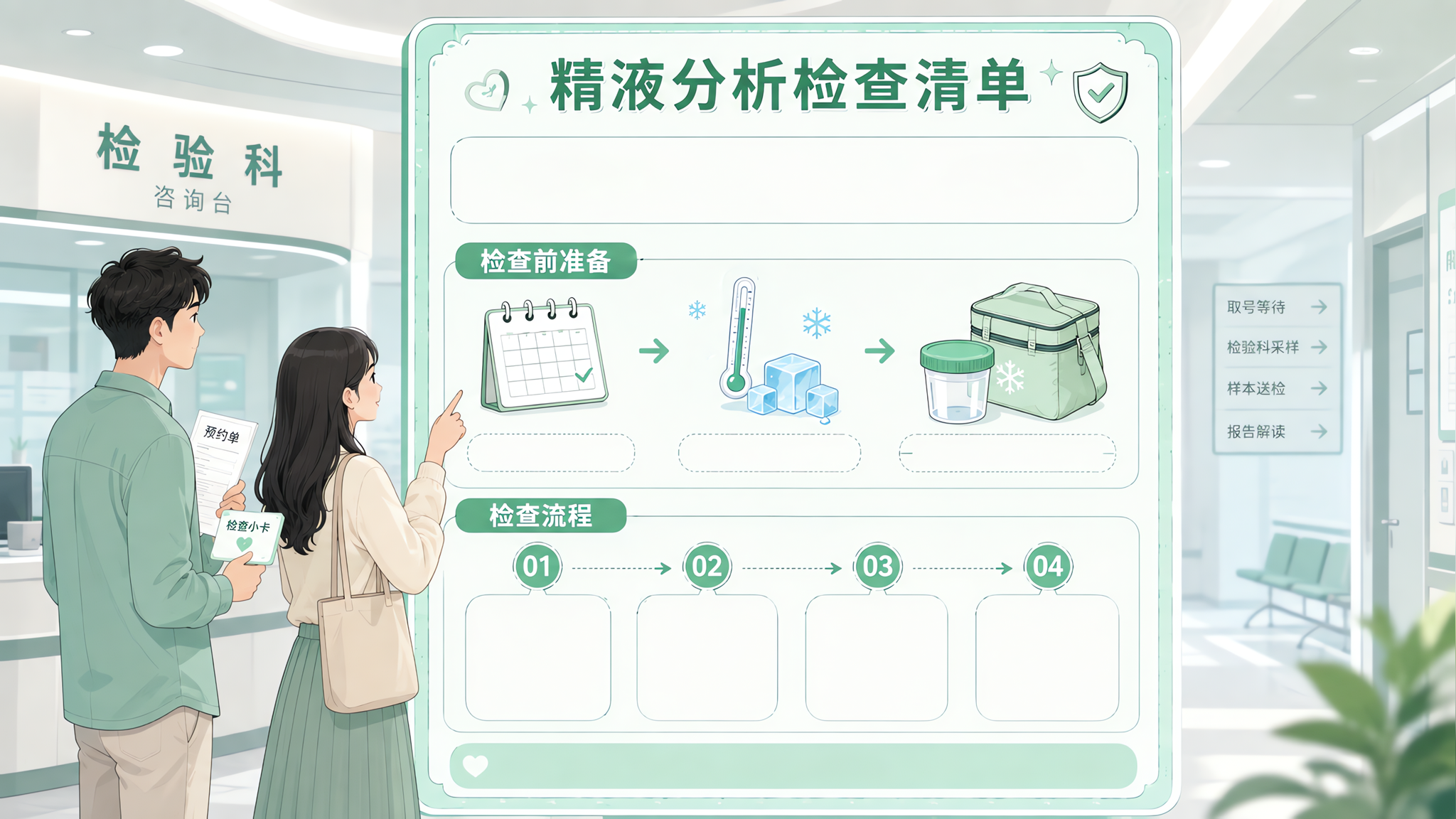 竖版信息图海报，场景为明亮干净的医院检验科走廊与咨询台结合的插画风背景，中国年轻备孕夫妻站在流程指示