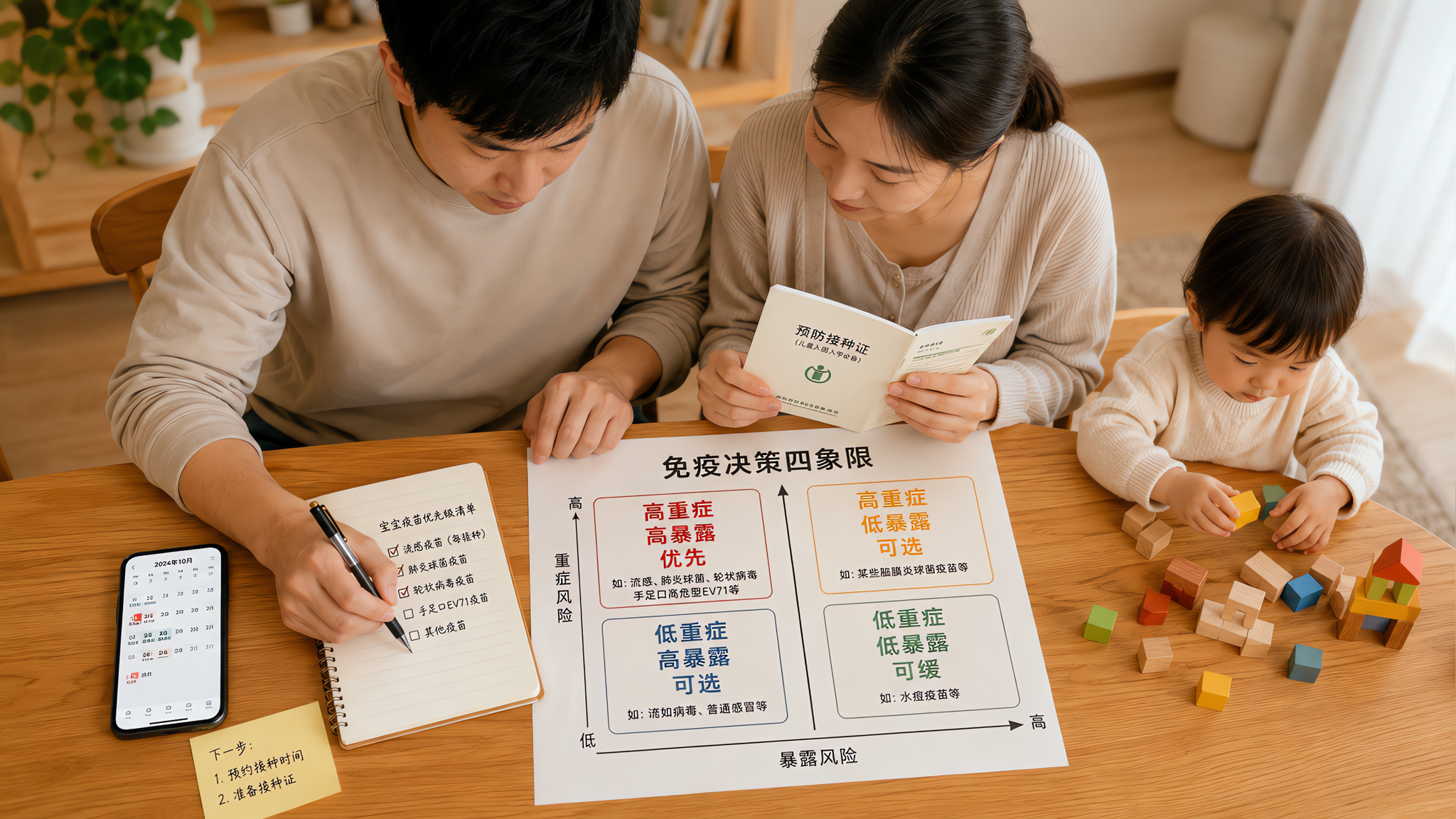 中国年轻父母在家中餐桌旁一起制定儿童疫苗接种计划，桌面上有一张“免疫决策四象限”纸张（高重症高暴露优