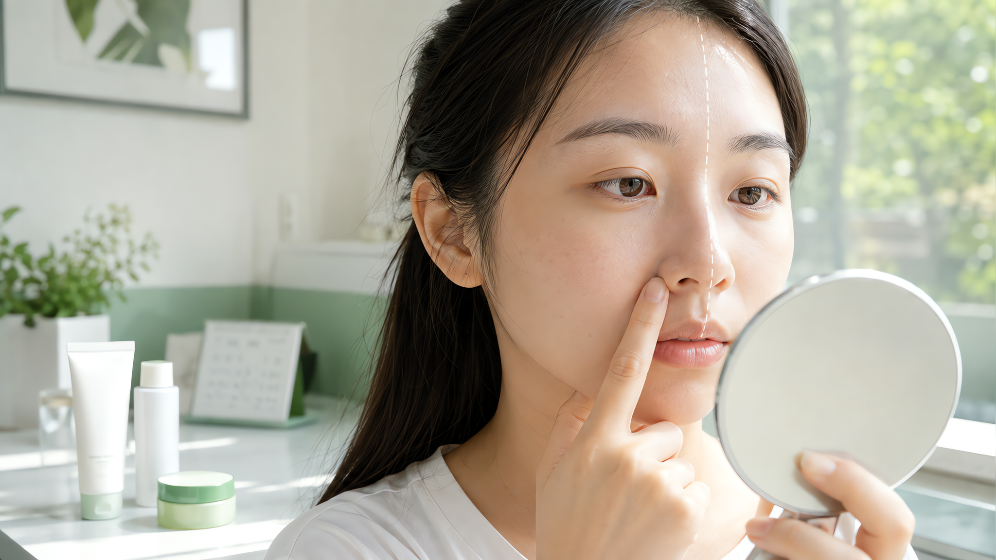 中国年轻女性在明亮窗边的自然光下进行半脸对比测试,素颜状态,一侧脸涂润色防晒/素颜霜另一侧未涂,镜头
