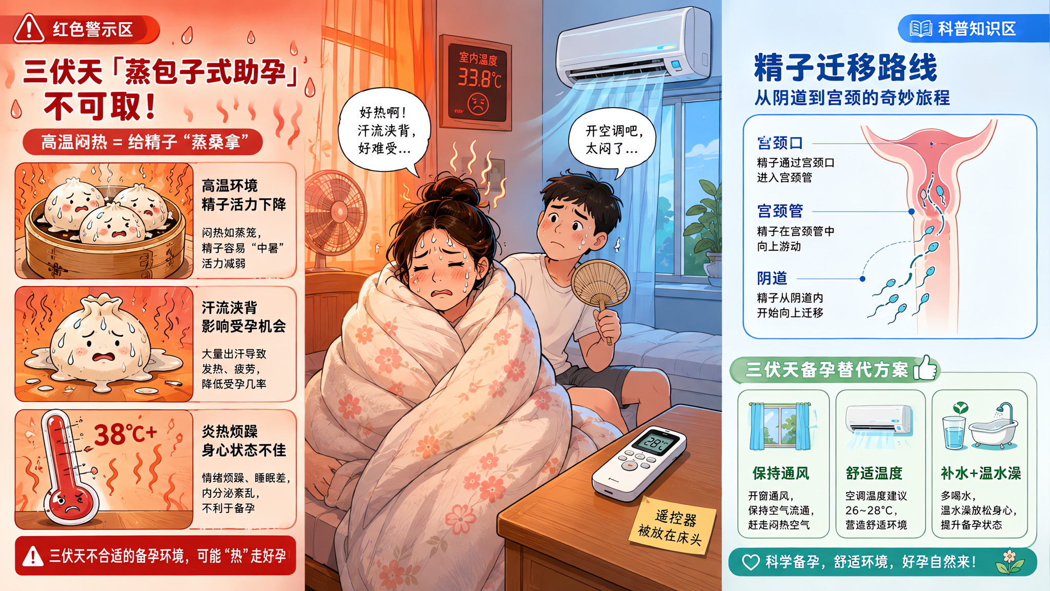竖版信息图插画风，三伏天居家卧室场景，中国年轻夫妻在床边，女性裹着厚被子满头汗表情难受，旁边空调遥控