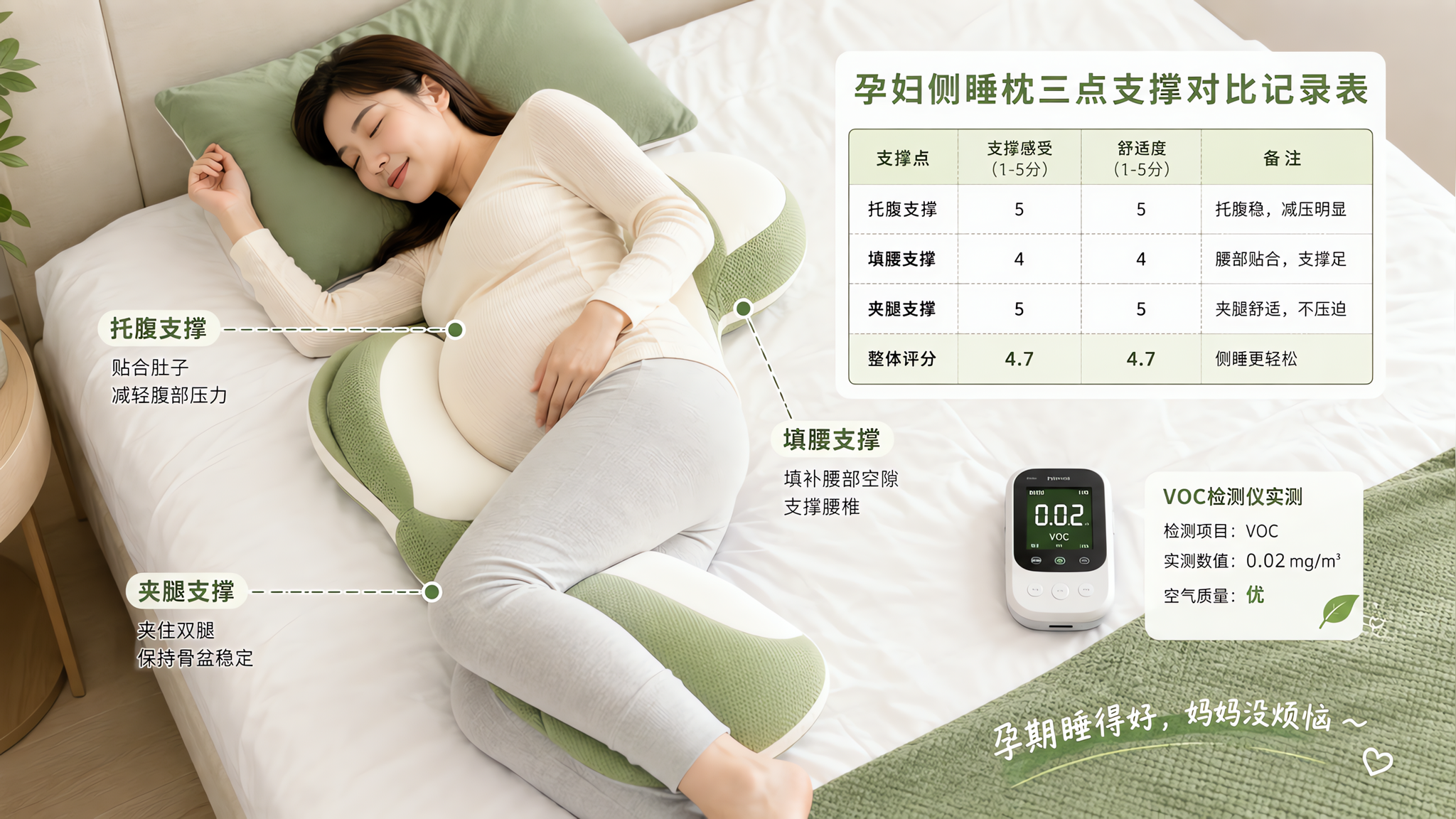 中国孕晚期年轻孕妈在卧室床上侧躺试用孕妇侧睡枕,对比“托腹、填腰、夹腿”三点支撑位置,旁边放着一张简