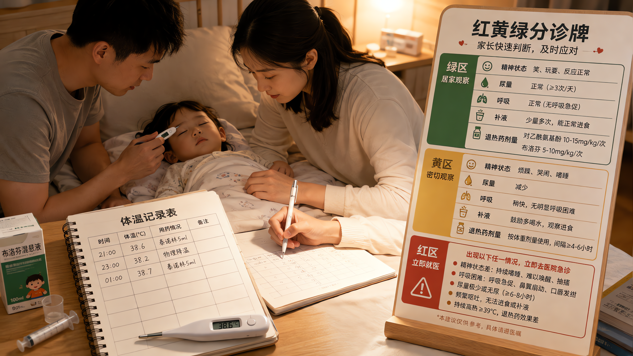 中国年轻父母在家中卧室夜间照护一位1-3岁中国幼儿发烧，父母在床边用体温计和记录表记录时间与体温，旁