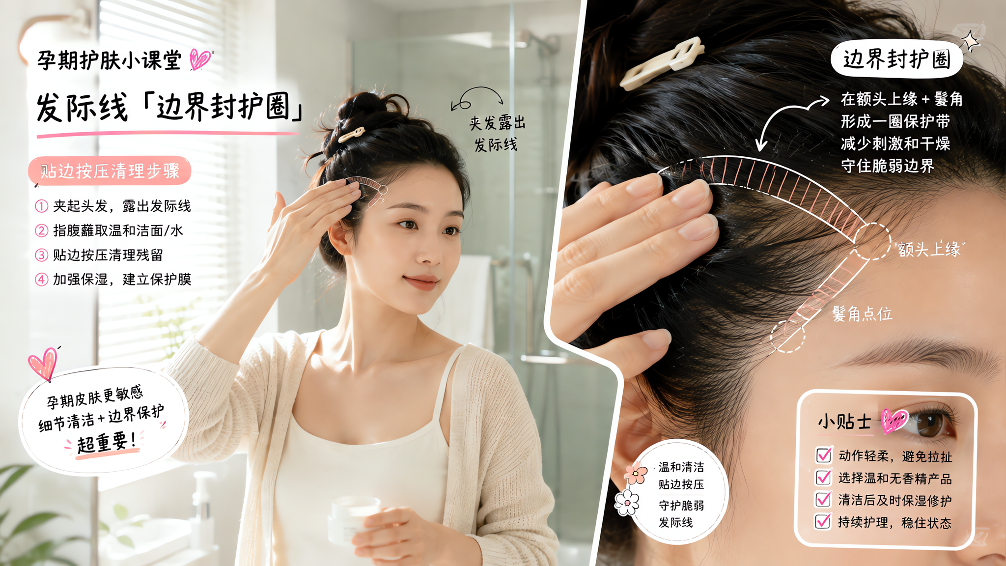 中国孕期女性在浴室镜子前进行护肤步骤示范,人物用发夹把头发夹起露出发际线,另一只手在发际线边缘做“贴