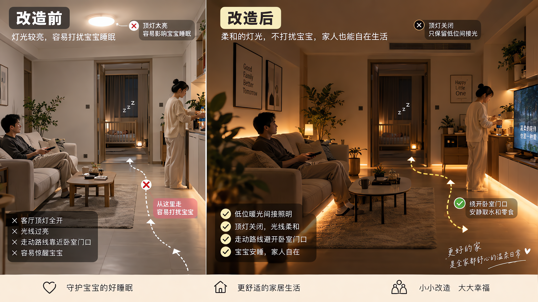宝宝夜醒别先怪奶：客厅灯光动线3步降刺激