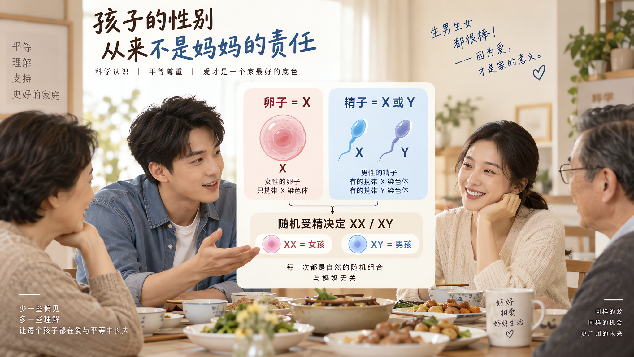 现代中国家庭餐桌场景,暖色奶油色调,干净克制留白的平权海报风;一对中国年轻夫妻坐在长辈旁边,丈夫微微