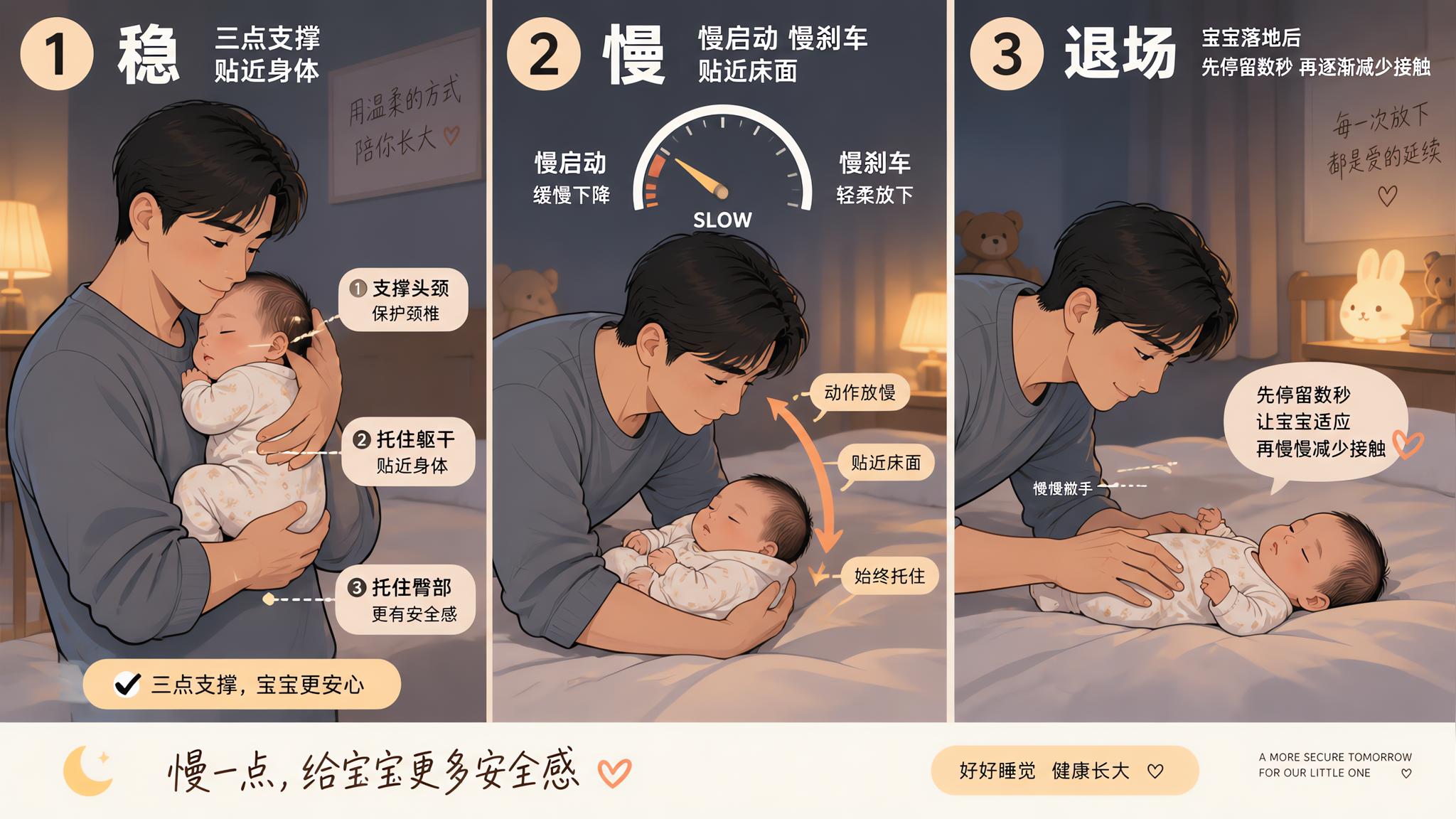 三联分镜插画风格画面，场景为中国家庭卧室夜间/昏暗柔光环境，一位中国年轻爸爸在床边抱着中国婴儿进行“