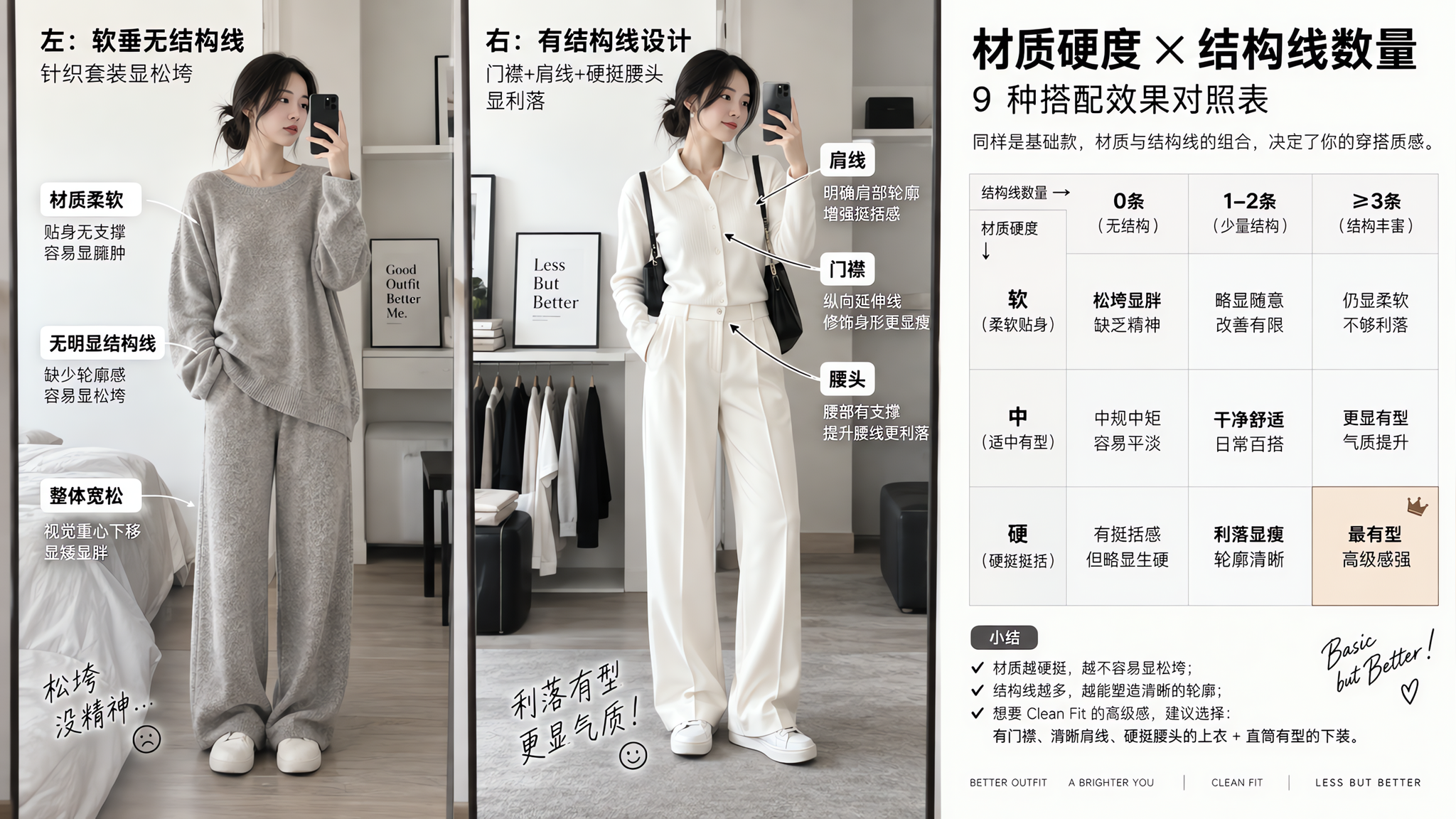 场景为明亮极简的室内试衣镜前,中国年轻女性站立对比两套Clean Fit穿搭,左侧穿软垂无结构线的针