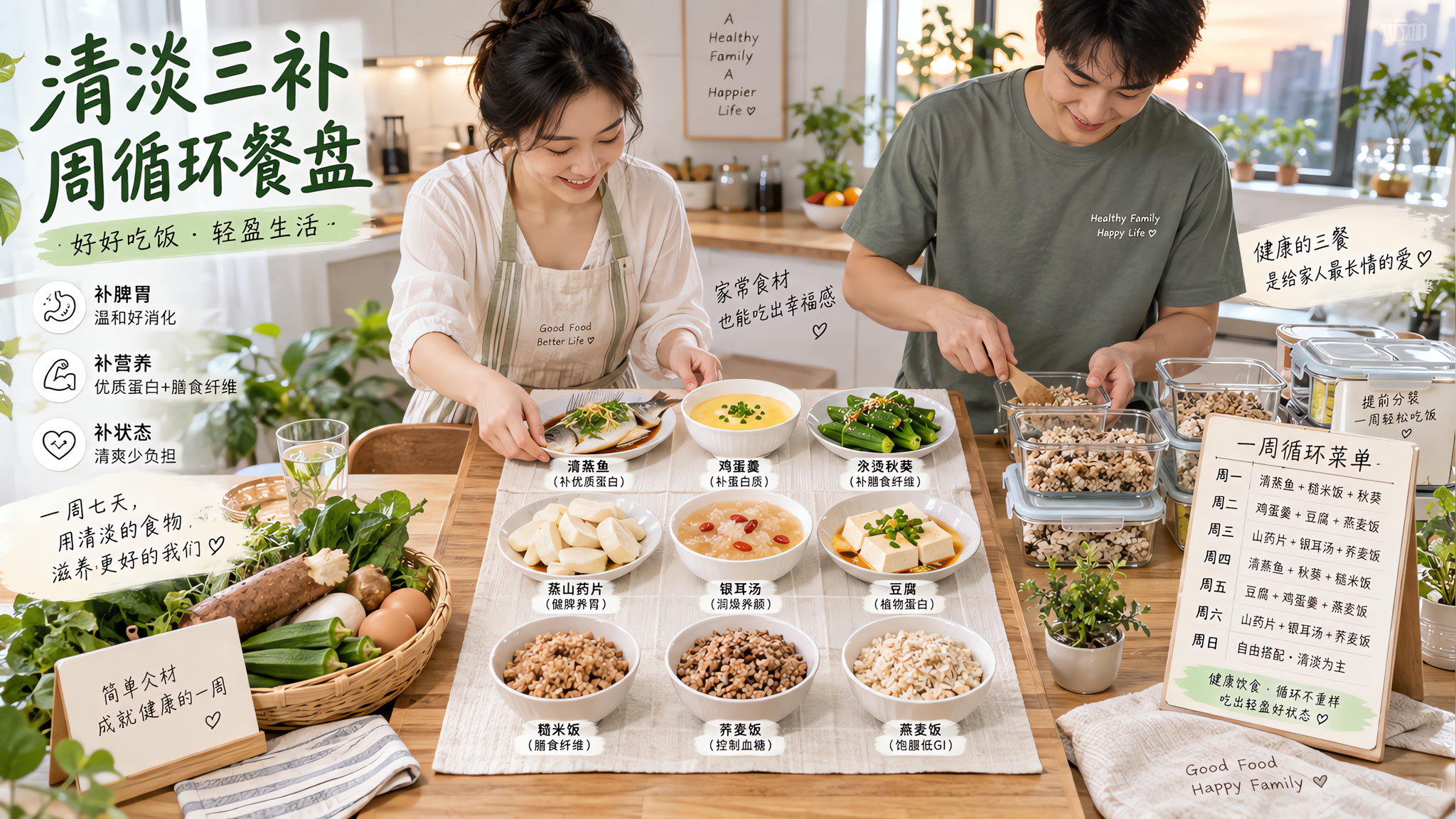 中国年轻妈妈在夏季傍晚的明亮厨房餐桌旁,正在摆盘一周循环的清爽餐盘九宫格(清蒸鱼、鸡蛋羹、汆烫秋葵、