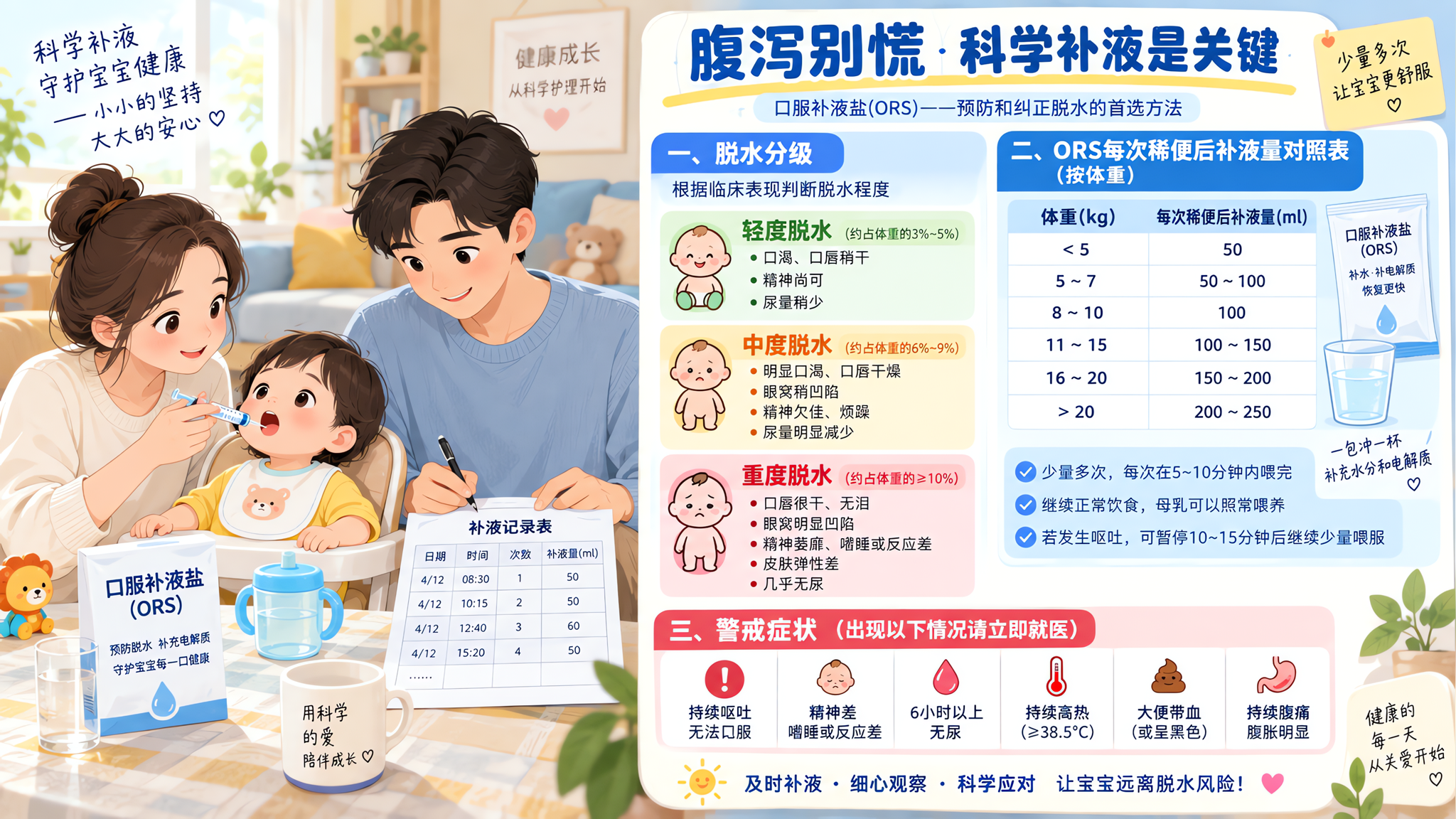 孩子急性腹泻先别吊水：脱水分级+ORS补液表一篇搞定
