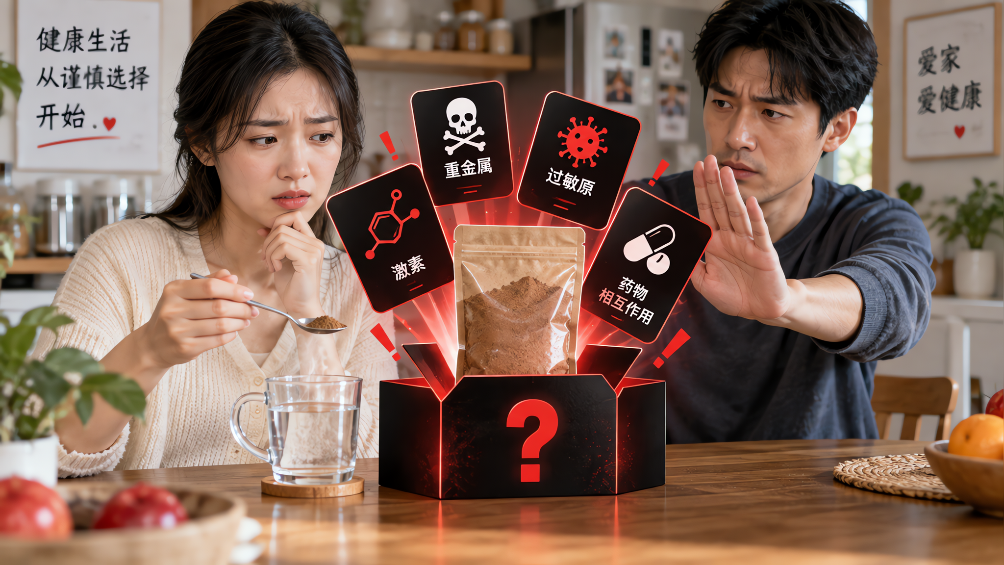 中国年轻夫妻在家中餐桌前，桌面上放着一个没有标签的棕色粉末小袋和一杯正在冲泡的水，妻子表情犹豫，丈夫