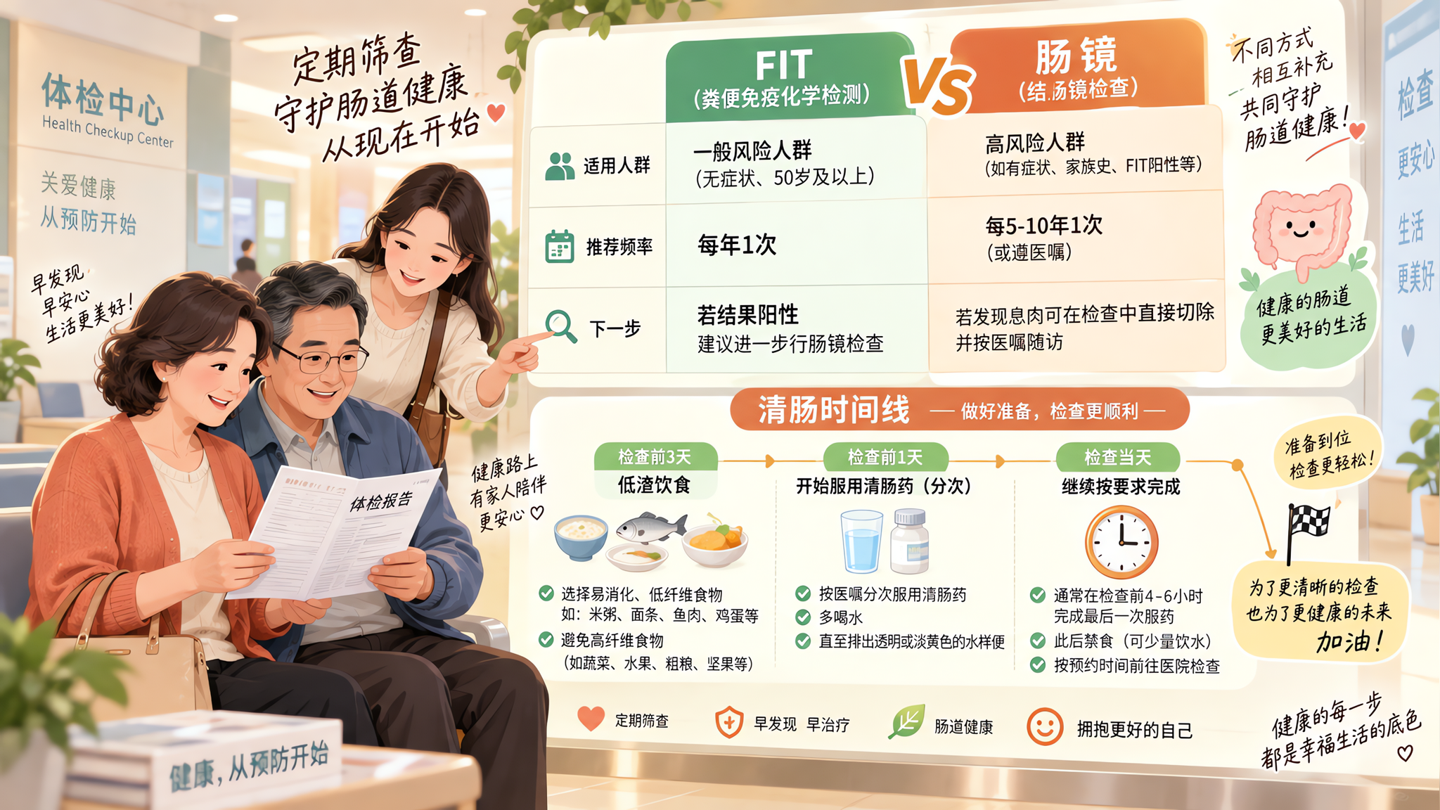 温暖治愈插画风格的健康科普海报,画面主体为一张清晰的信息图对照表“FIT vs 肠镜”与一条“清肠时