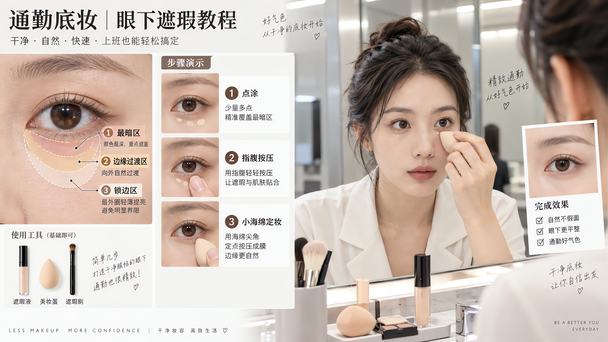 干净通勤风美妆教程配图,一位中国年轻女性在明亮办公室洗手间镜子前进行眼下遮瑕步骤演示,半身近景,画面