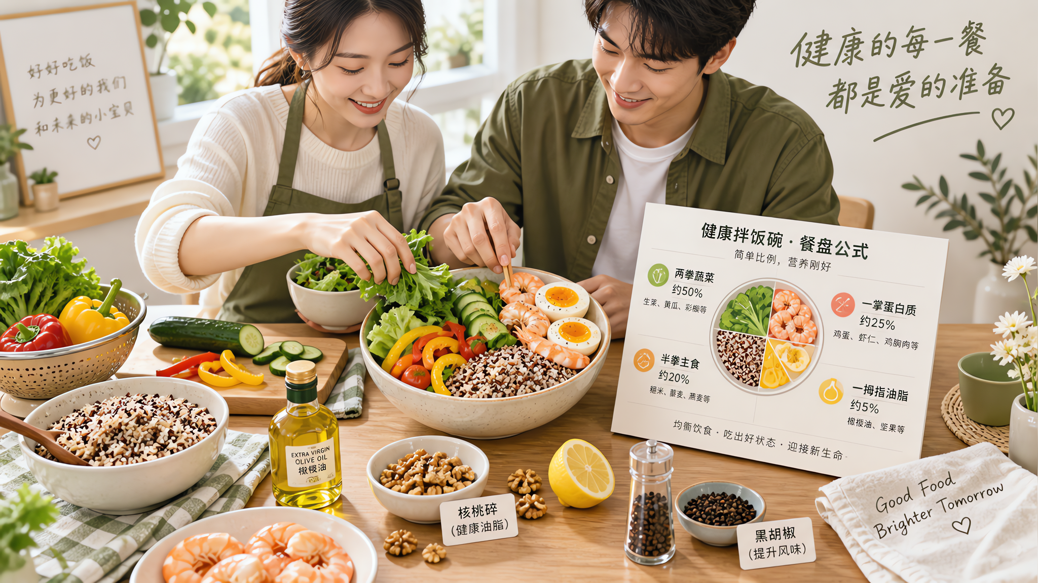 中国年轻夫妻在家中简洁明亮的餐桌旁一起准备常温拌饭碗,妻子将生菜黄瓜彩椒放入碗中,丈夫把切好的鸡蛋和