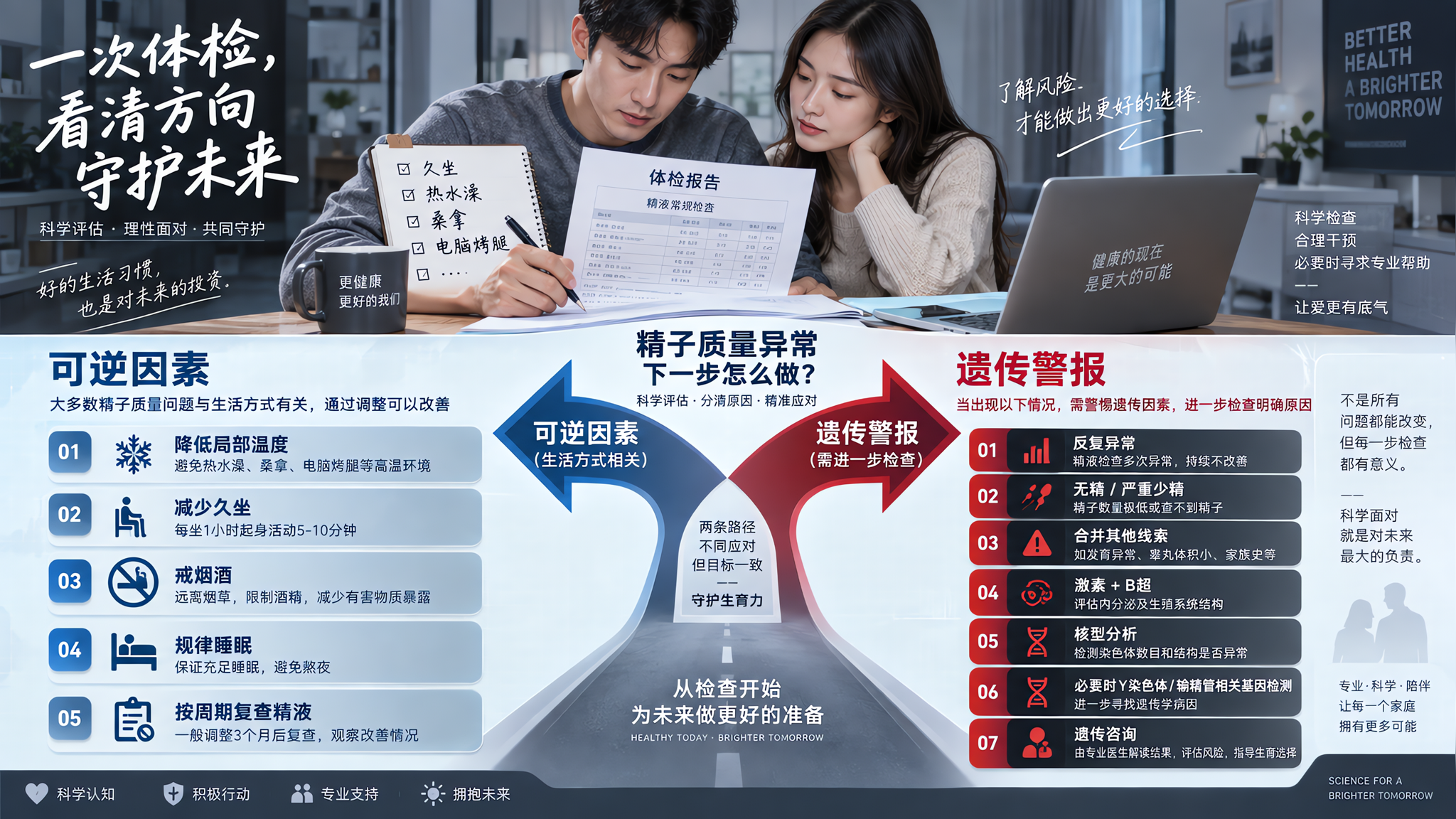 科技灰硬核风信息图海报,画面为竖版构图,上半部分为中国年轻夫妻在家中桌前一起查看体检报告,男性用笔勾