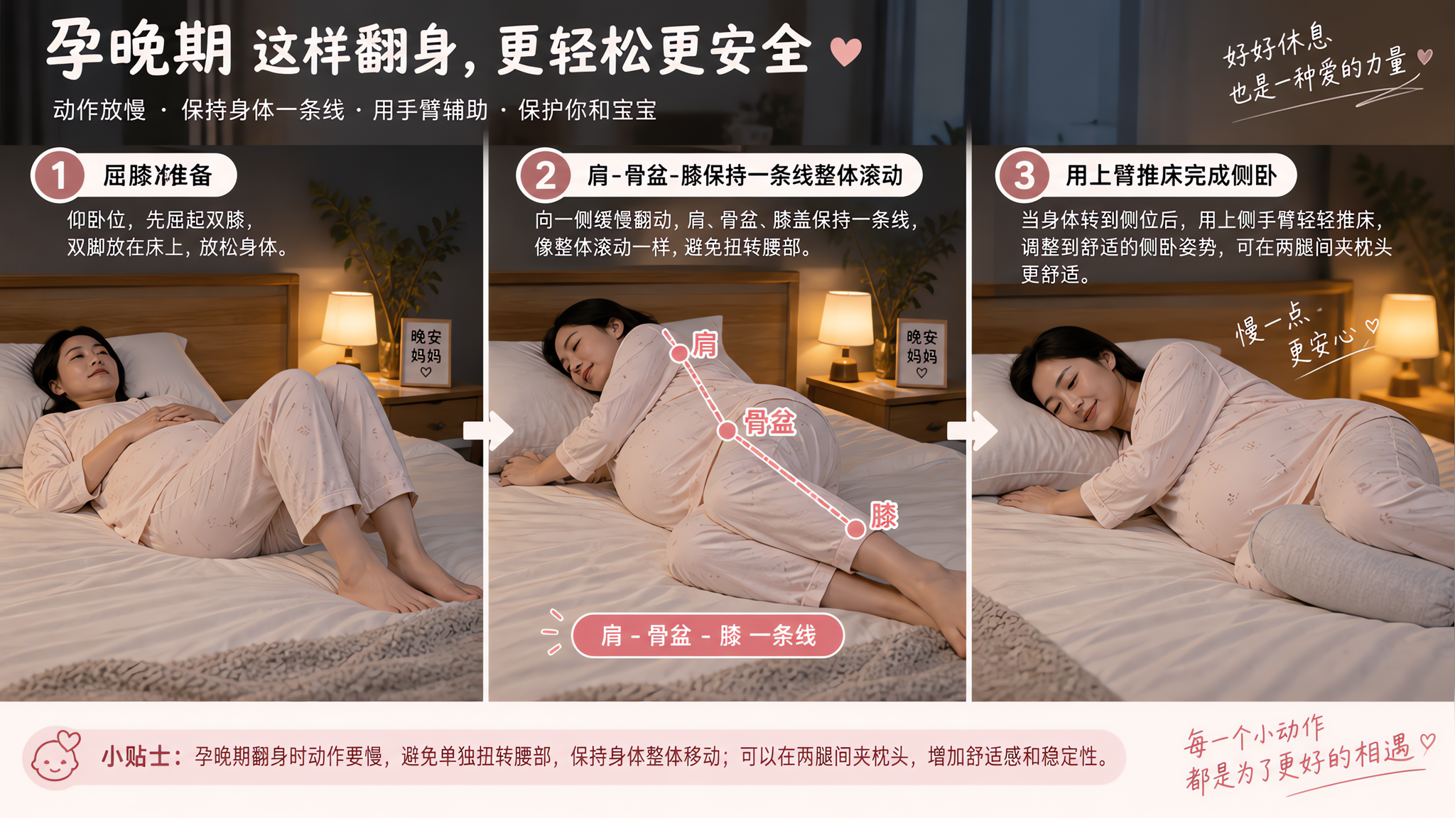 孕晚期翻身别硬拧：骨盆稳定3步法，省力不拉扯