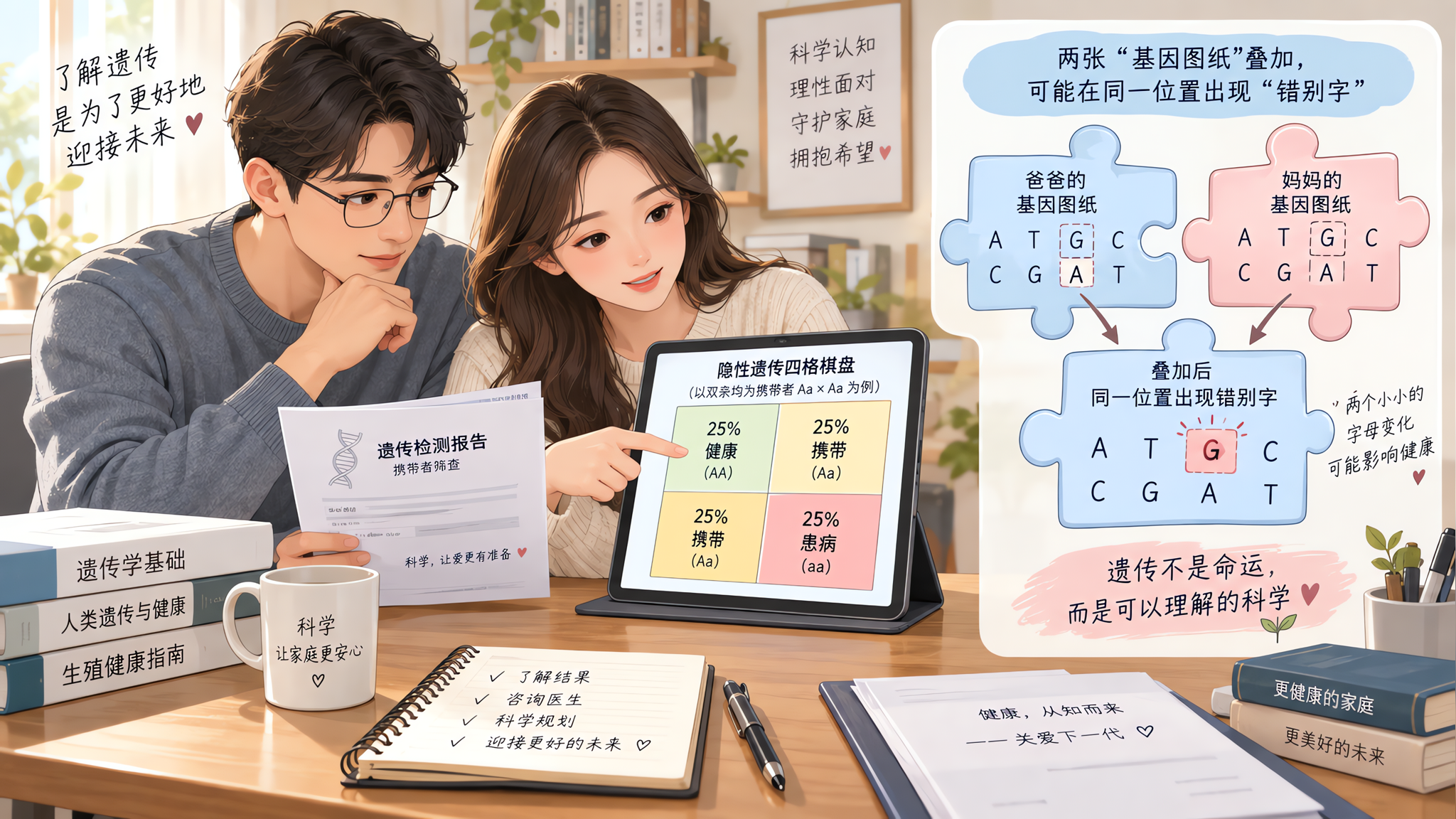 柔和科普插画风格,画面主体为“隐性遗传四格棋盘”示意图(Punnett square),棋盘四格清晰