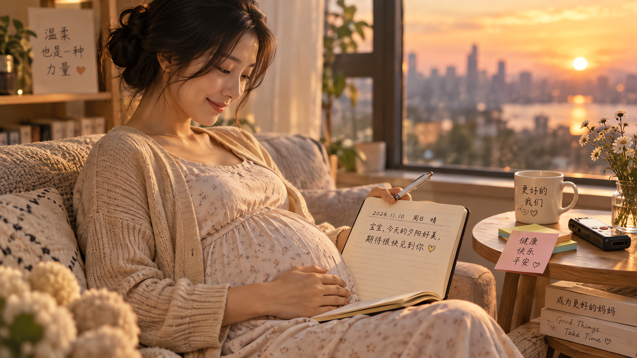 中国孕中期年轻准妈妈在家中靠窗的沙发上侧坐休息，一只手轻放在腹部，另一只手拿着手账本和笔记录“一行日