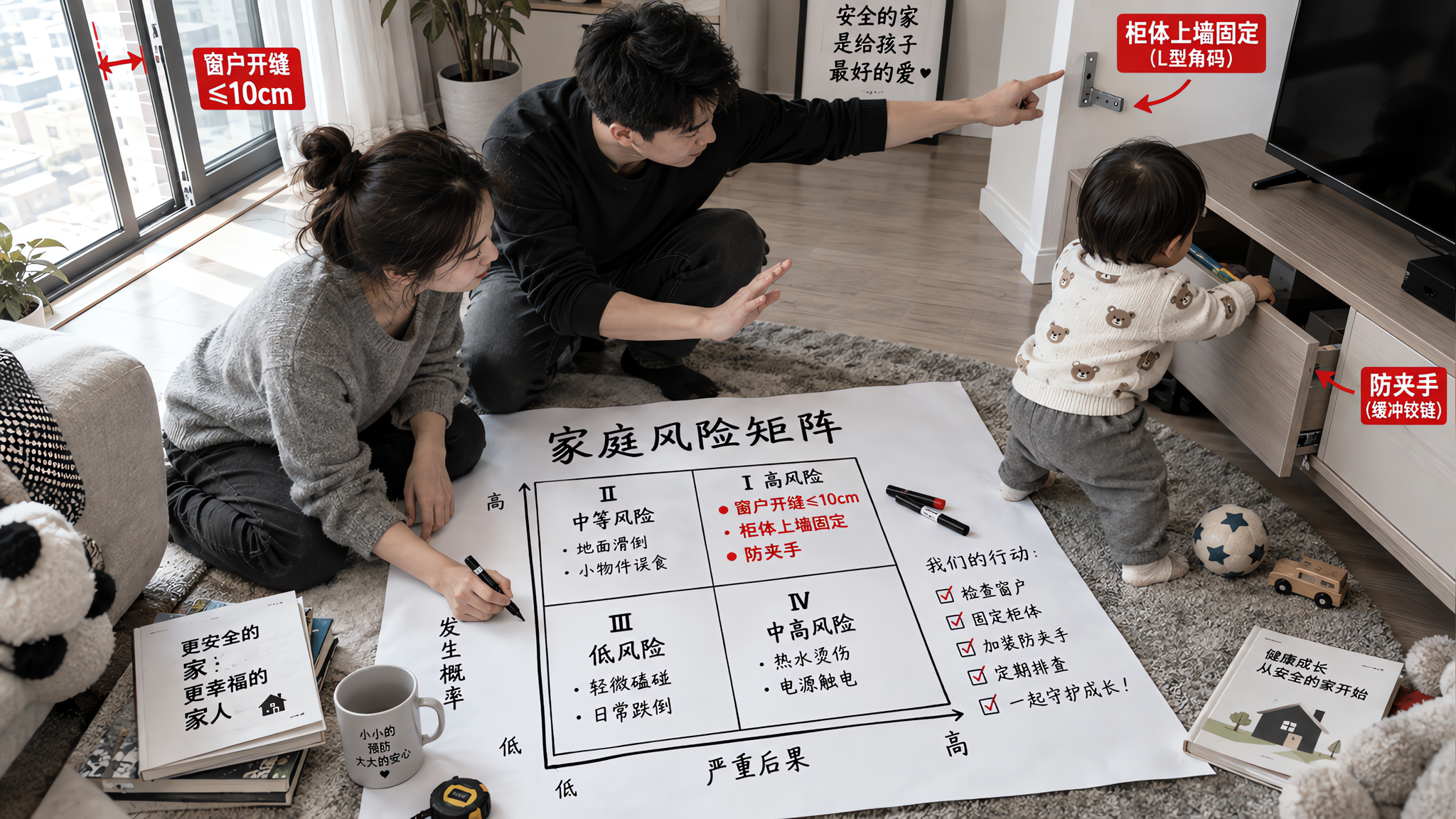 中国年轻父母在家庭客厅地面上铺着纸和笔，正在绘制“家庭风险矩阵”四象限表格；旁边有一位1-3岁中国幼
