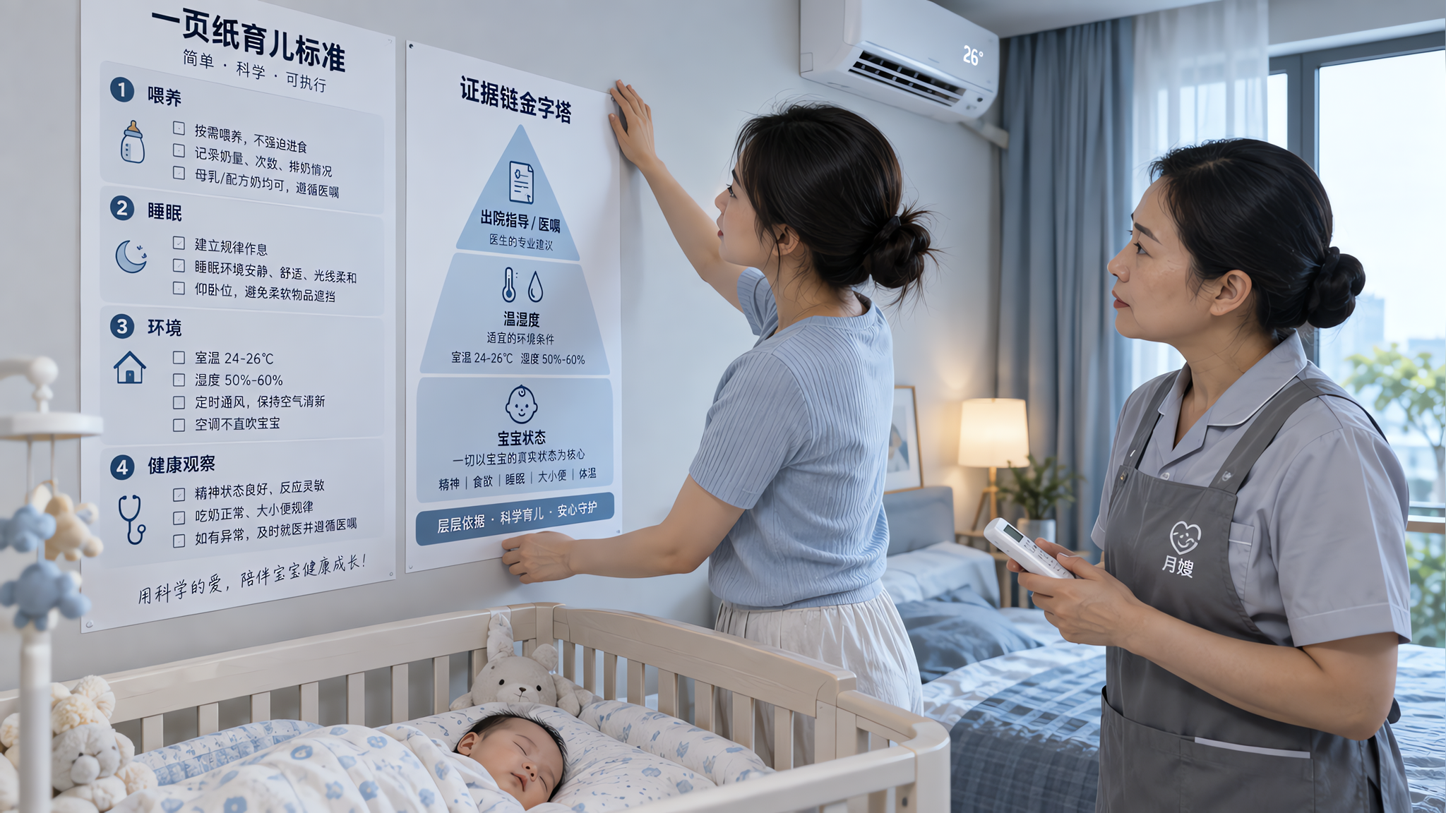 中国年轻妈妈在卧室墙边张贴“一页纸育儿标准”墙贴，旁边是一张简洁的“证据链金字塔”信息图（顶层：出院