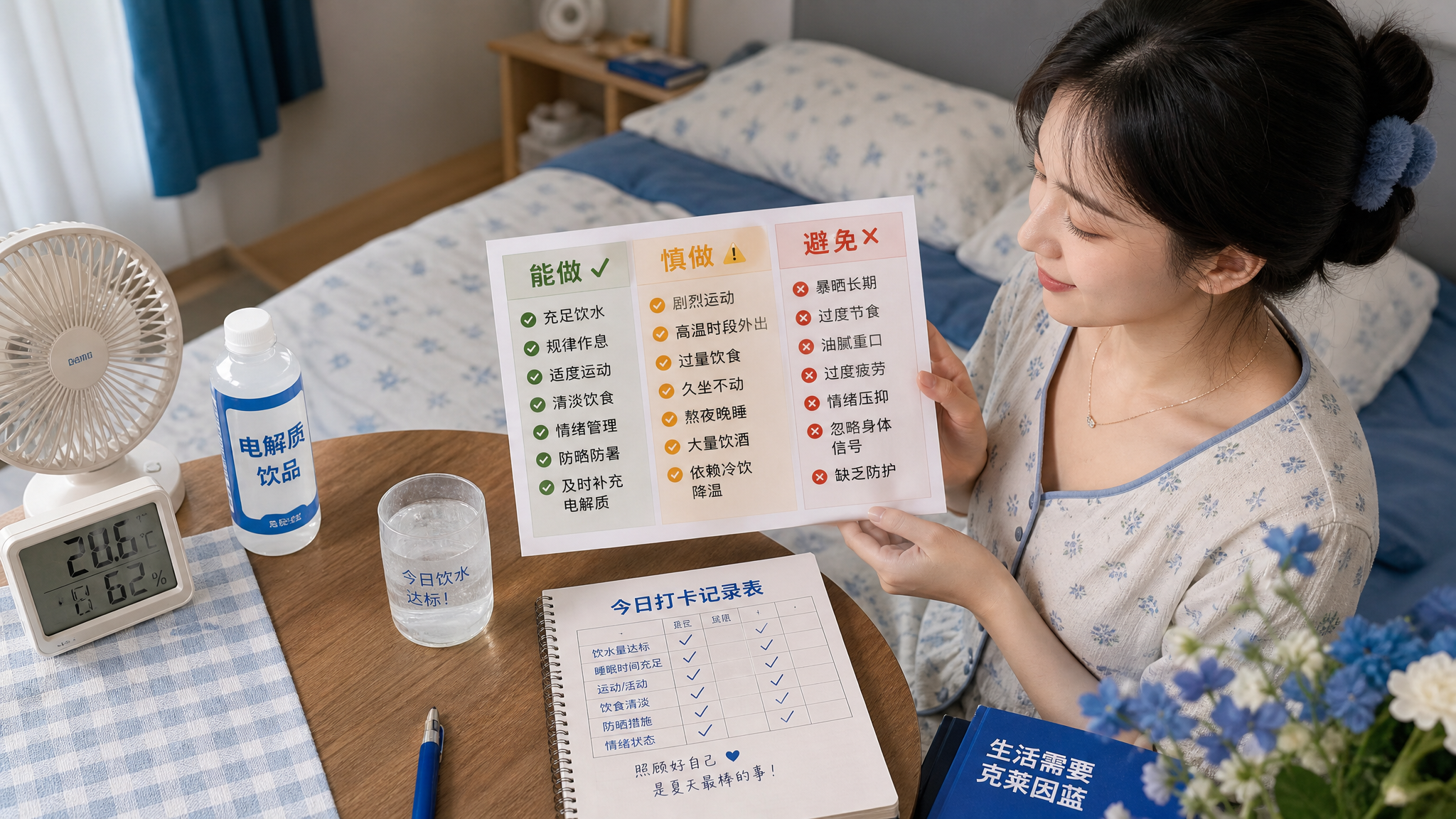 中国年轻女性在夏季室内卧室/客厅环境中,穿着舒适家居服,手拿一张“能做/慎做/避免”三栏对照表并在墙