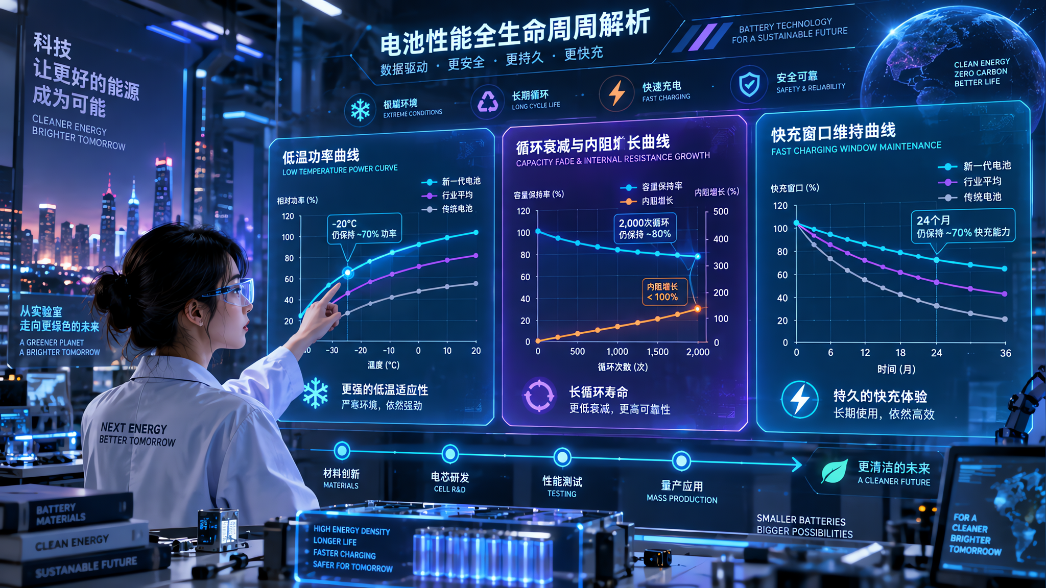 赛博科技风信息图场景,中国年轻工程师形象(男女均可)站在透明HUD屏幕前用手势指向三条曲线图表,核心
