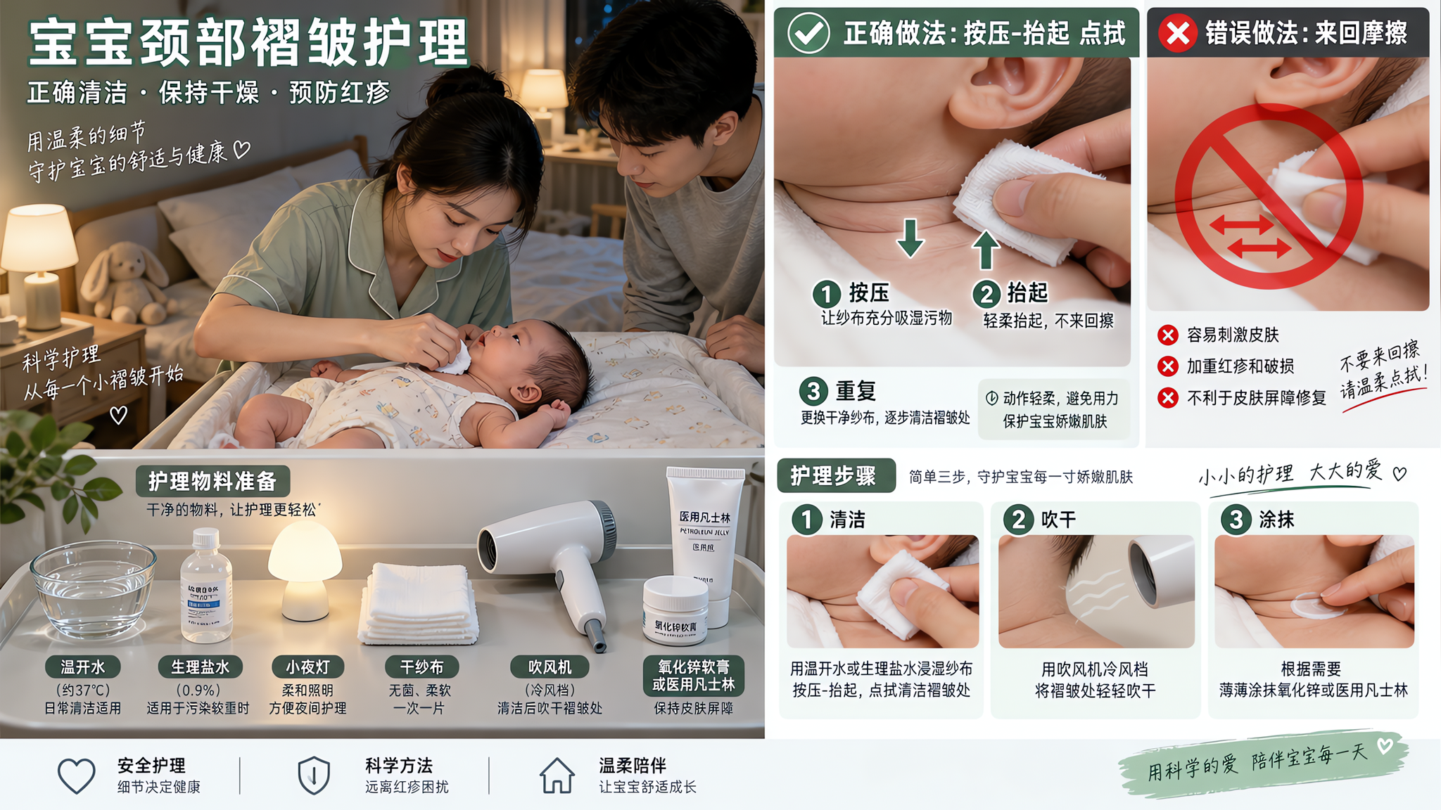 中国年轻父母在家中卧室的夜间护理场景，新生儿躺在安全平整的尿布台上，妈妈用无菌纱布在宝宝颈部褶皱处做