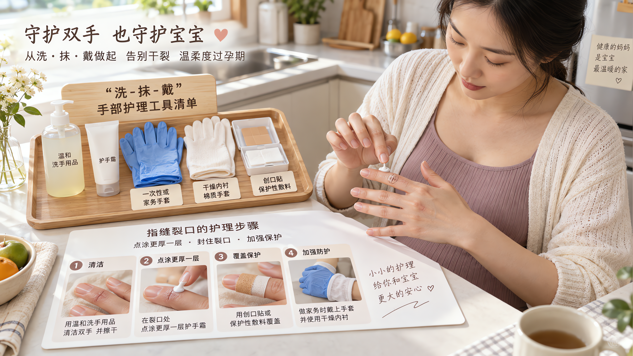 中国孕妈在家中厨房台面旁，桌上摆放“洗-抹-戴”手部护理工具清单：温和洗手用品、护手霜、一次性或家务