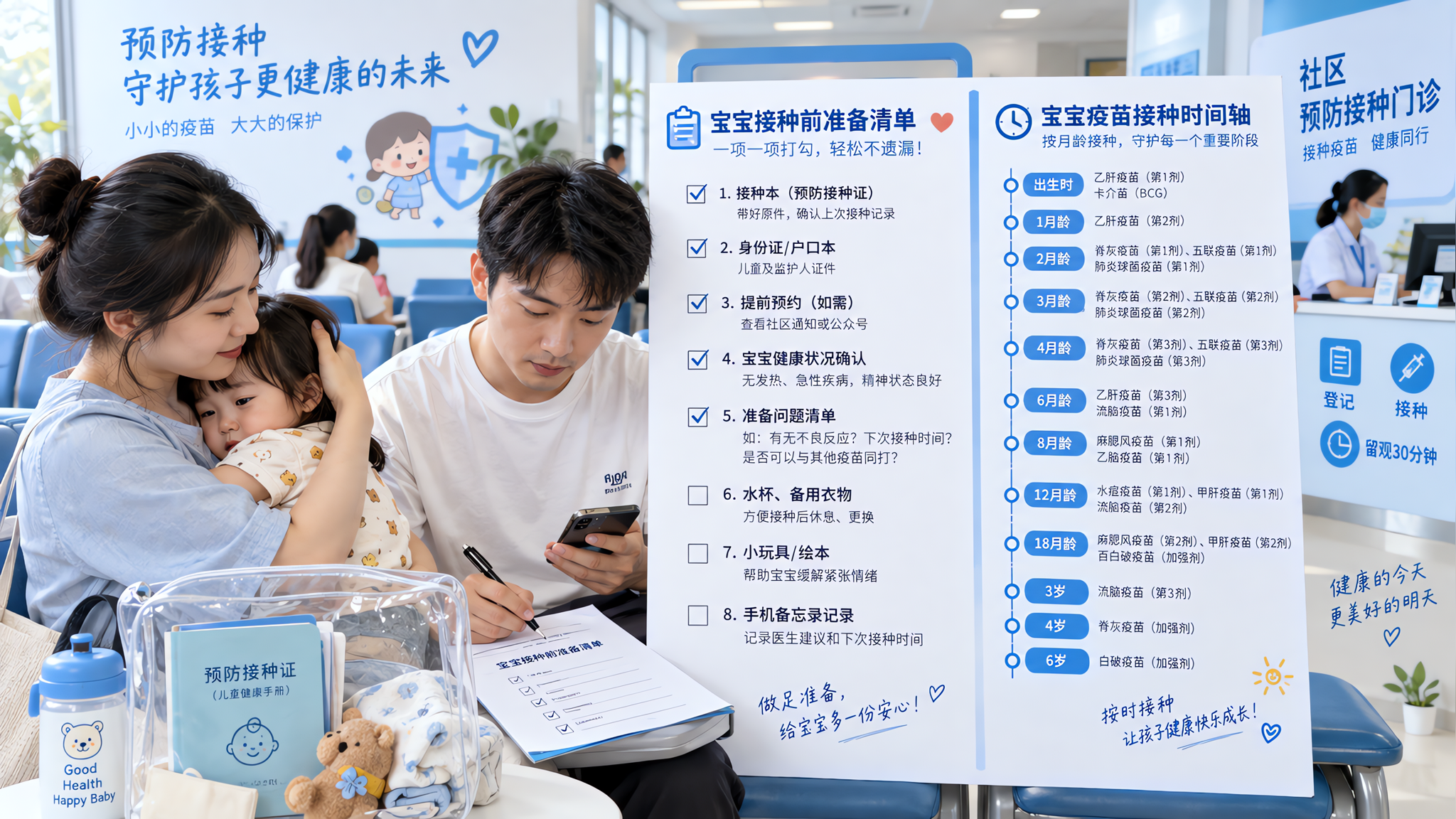 中国年轻父母在夏季社区接种门诊候诊区，妈妈抱着一名中国幼儿轻声安抚，爸爸手持A4打印清单用笔勾选并在