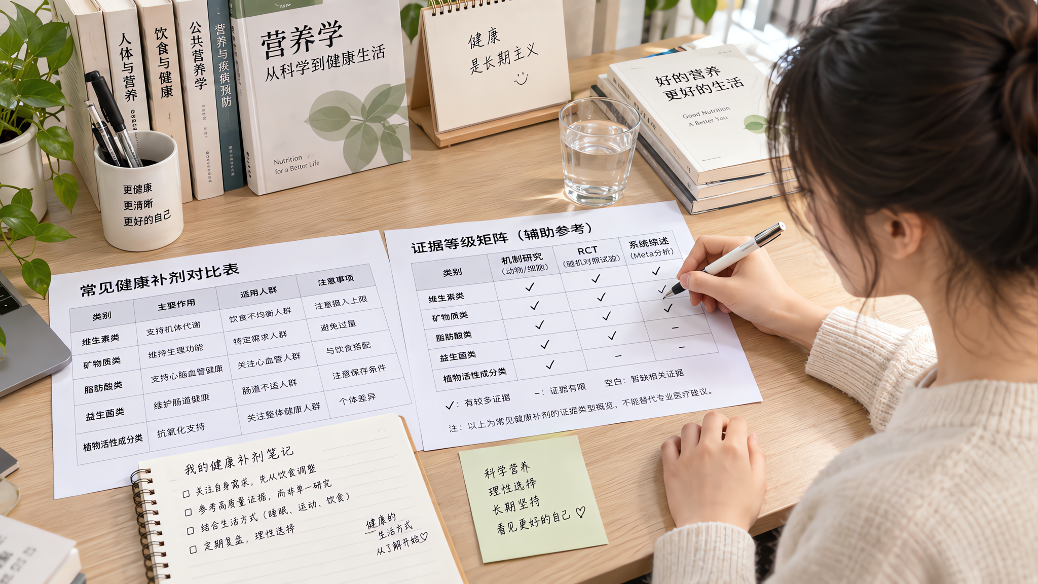 中国年轻女性在书桌前整理健康补剂笔记,桌面有两张简洁对比表与证据等级矩阵的打印纸(不出现品牌与具体药